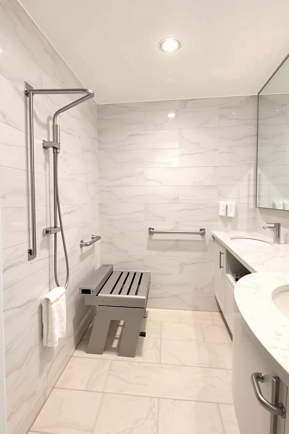 A spacious ADA-compliant bathroom features a roll-in shower with no curb barrier, allowing easy access for individuals with mobility challenges. The shower is equipped with grab bars, a handheld showerhead, and a fold-down bench, all finished in sleek stainless steel for a modern touch. The walls are adorned with large, light-colored tiles that create an airy feel, while the floor is fitted with non-slip tiles for safety. A stylish vanity with a solid surface countertop provides ample space, and a large mirror above enhances the sense of openness in the room.