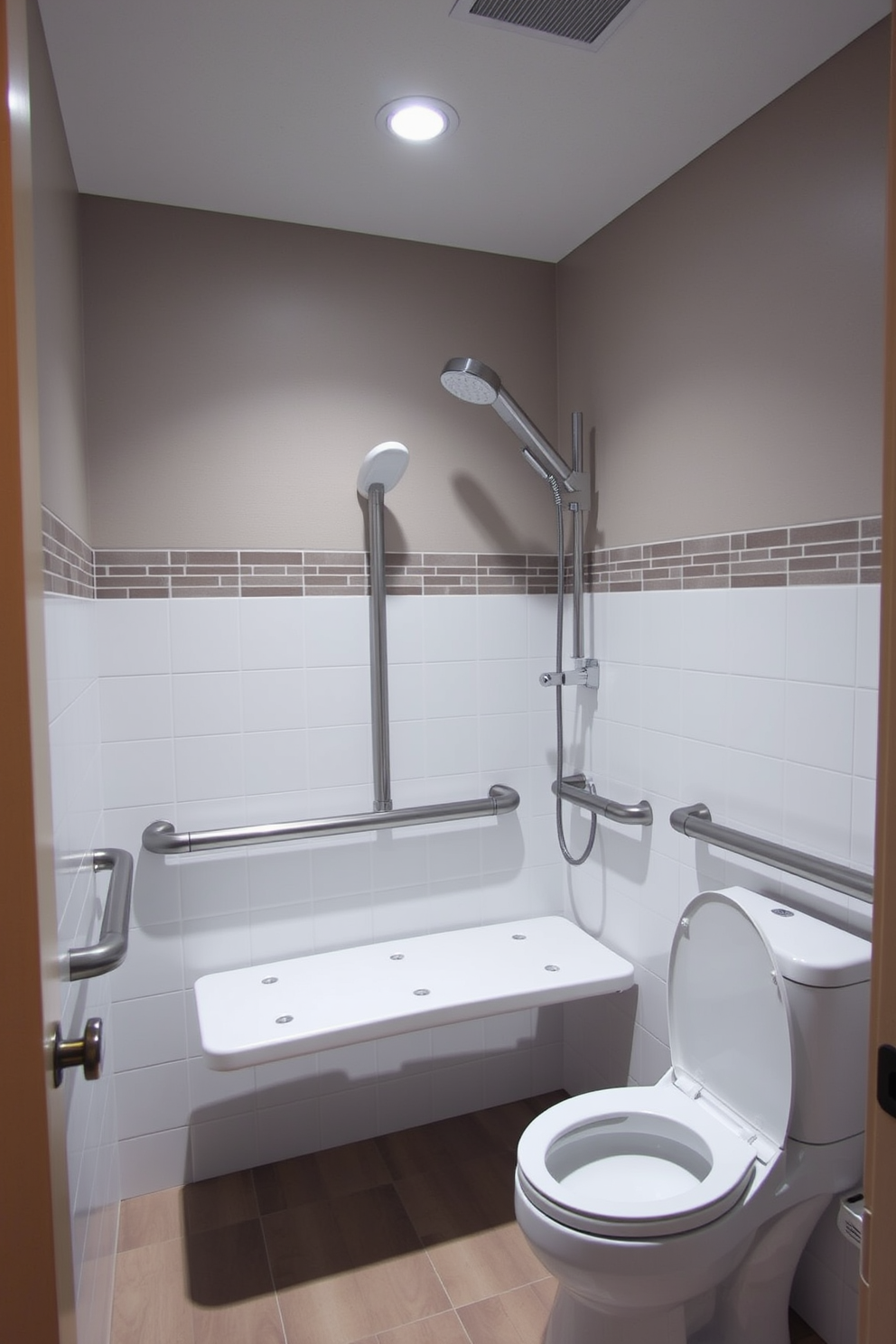 A comfort height toilet is elegantly positioned in a spacious ADA-compliant bathroom. The walls are adorned with soft beige tiles, while grab bars in brushed nickel provide safety and support. Natural light filters through a frosted glass window, illuminating the sleek, modern fixtures. A stylish vanity with a quartz countertop complements the overall design, ensuring both accessibility and aesthetic appeal.