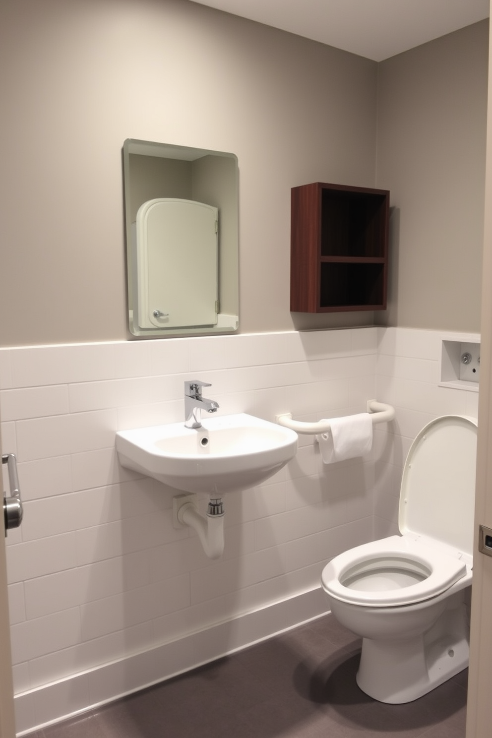 A modern ADA bathroom featuring a wall-mounted sink for easy access. The design includes grab bars beside the sink and a spacious layout with a non-slip floor for safety.