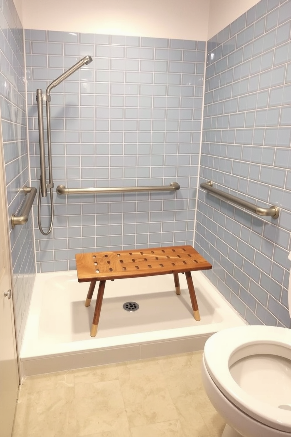 A spacious ADA compliant bathroom features an adjustable shower bench made of teak wood for durability and comfort. The walls are lined with non-slip tiles in a soft blue hue, and grab bars are strategically placed for safety and accessibility.