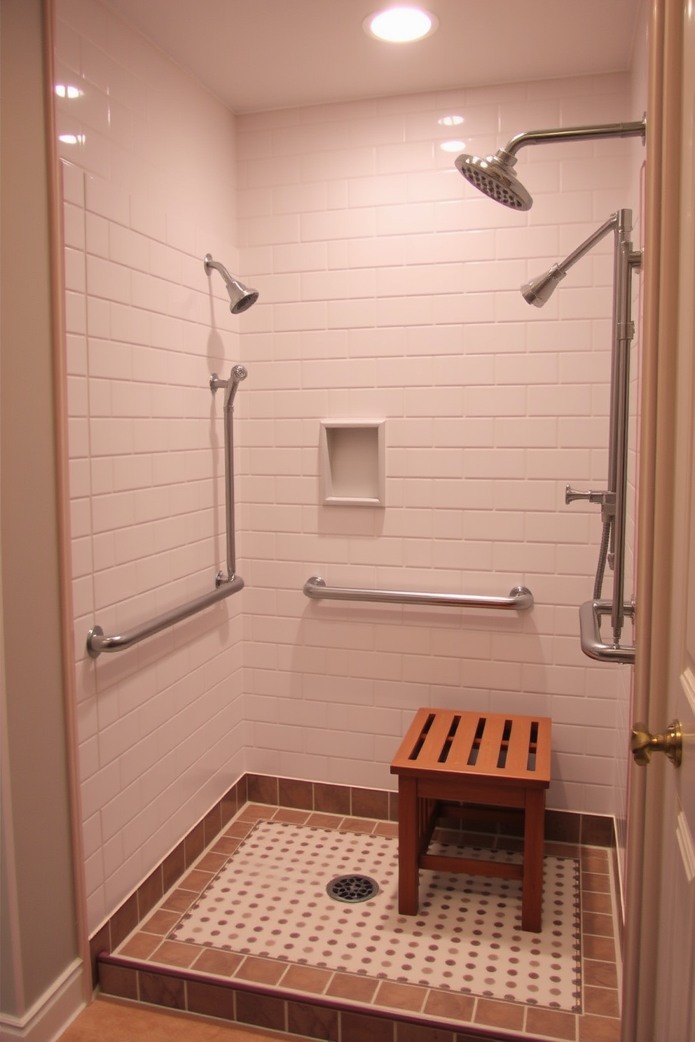 A curbless shower is designed with seamless entry and exit for easy access. The shower features a rain showerhead and a built-in bench for comfort and convenience. The bathroom is equipped with grab bars and a handheld shower wand for safety. Soft lighting and contrasting colors create a warm and inviting atmosphere while ensuring functionality for aging in place.