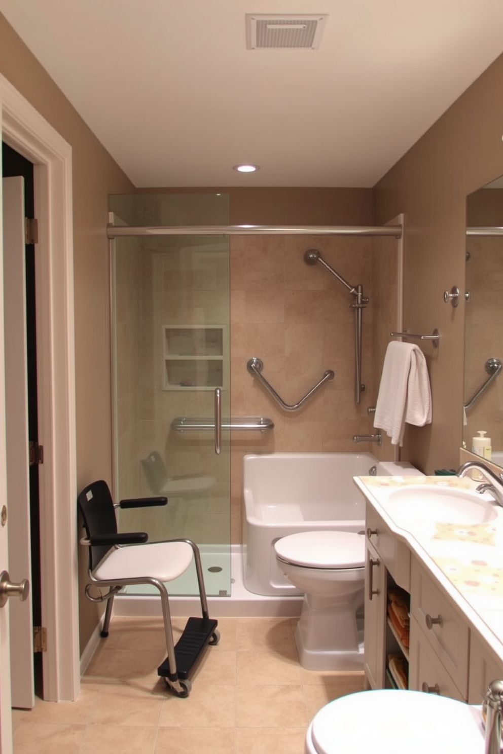 Aging in Place bathroom design featuring widened doorways for wheelchair access. The space includes a roll-in shower with grab bars, a bench seat, and a handheld showerhead for easy use. The vanity is designed with lower countertops and accessible storage options. Soft lighting illuminates the room, creating a warm and inviting atmosphere while ensuring safety and comfort.