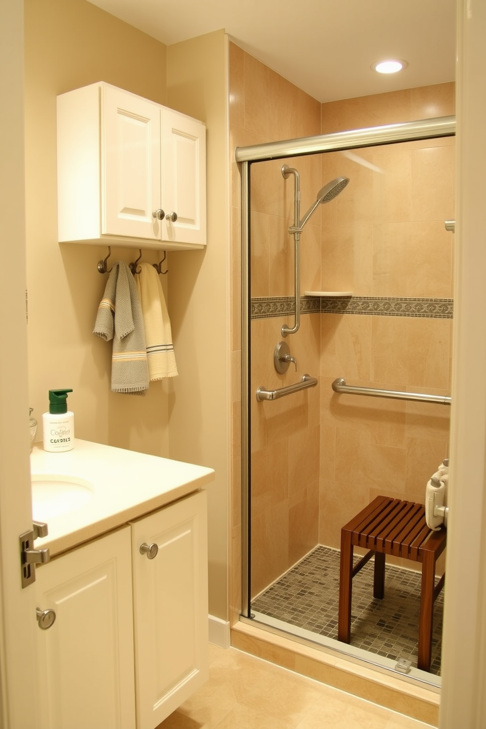 Accessible storage solutions within reach. This bathroom features lower cabinets with pull-out shelves and easy-to-reach hooks for towels. Aging in Place Bathroom Design Ideas. The space includes a walk-in shower with grab bars and a bench, along with a comfort-height toilet for added safety.