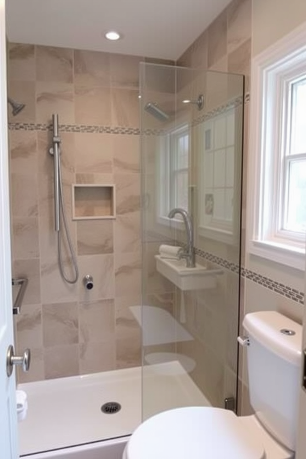 A modern bathroom designed for aging in place features a spacious layout with a walk-in shower equipped with grab bars and a built-in bench. The vanity is at an accessible height with easy-to-use fixtures and a non-slip floor for safety. Voice-activated home technology seamlessly integrates into the bathroom, allowing users to control lighting, temperature, and music with simple commands. The design includes smart mirrors that display health information and ambient lighting that adjusts based on the time of day.