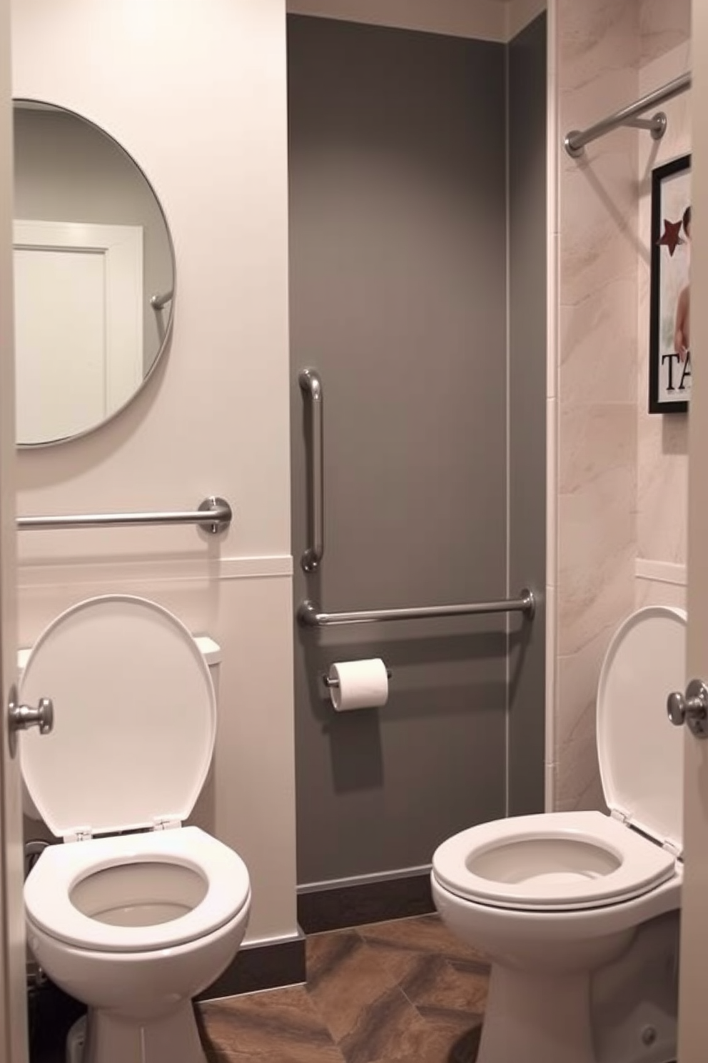 Aging in place bathroom design featuring soft-close toilet seats that prevent slamming for enhanced safety and comfort. The space includes grab bars near the shower and toilet, ensuring accessibility for all ages while maintaining a stylish aesthetic.