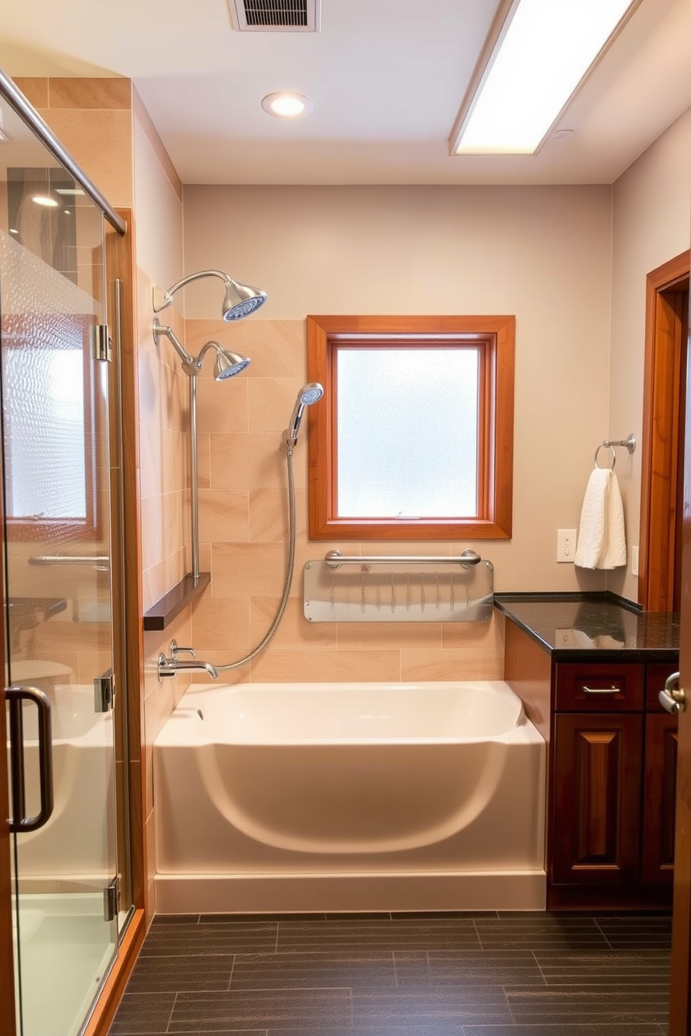 A serene bathroom space featuring a shower bench made of natural wood positioned in the corner of a spacious walk-in shower. The bench is designed for comfort and safety, with grab bars installed along the walls and a non-slip tile floor for added security. The overall design embraces an aging in place philosophy, with a curbless shower entry and a handheld showerhead for ease of use. Soft, ambient lighting illuminates the space, creating a warm and inviting atmosphere while ensuring accessibility for all users.