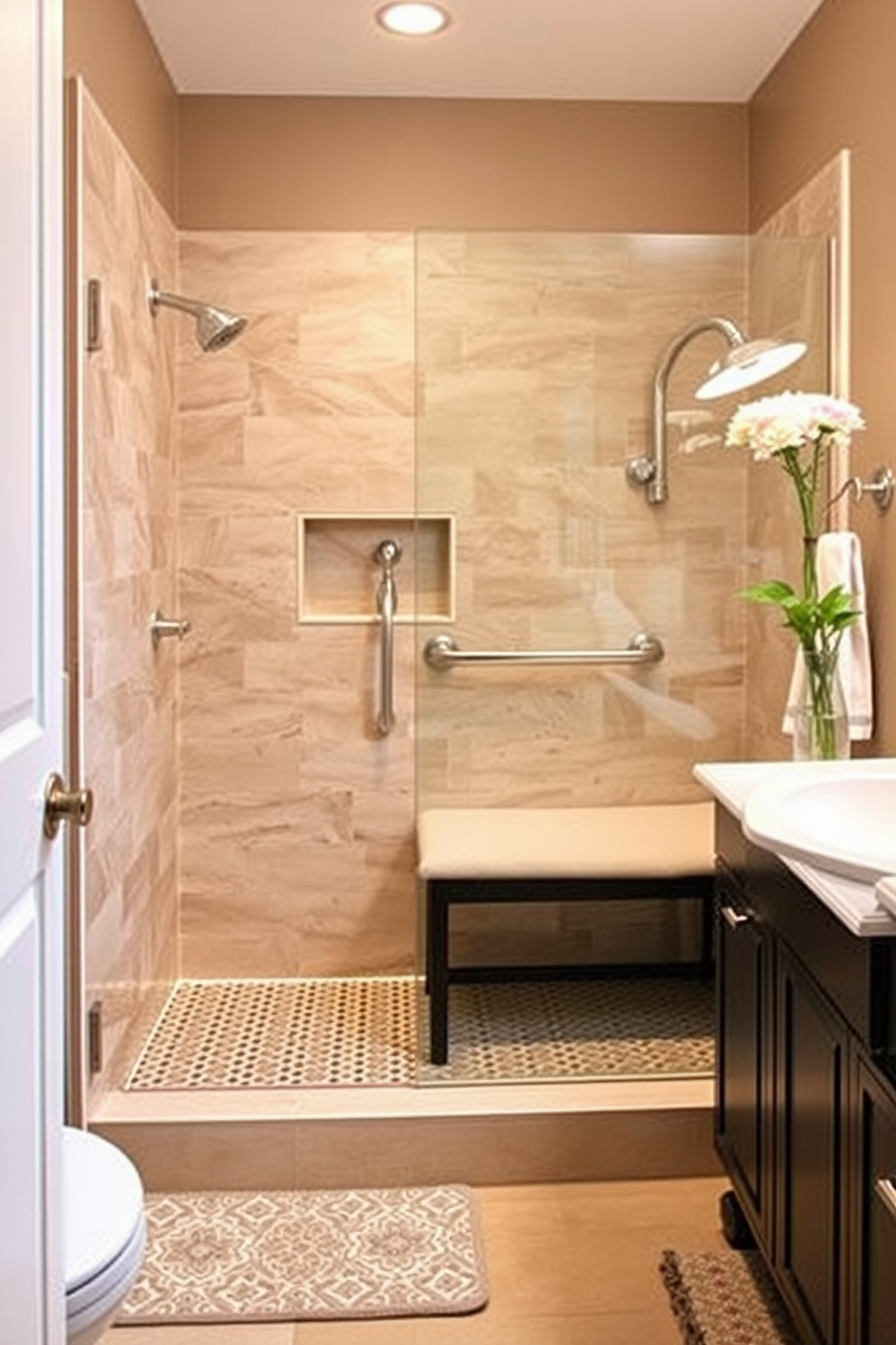 A low-threshold entry provides seamless access to the bathroom while ensuring safety and convenience. The design features a wide doorway and a slip-resistant floor to accommodate mobility aids if needed. The bathroom includes grab bars near the toilet and shower for added support. Soft lighting and contrasting colors enhance visibility, creating a warm and inviting atmosphere.