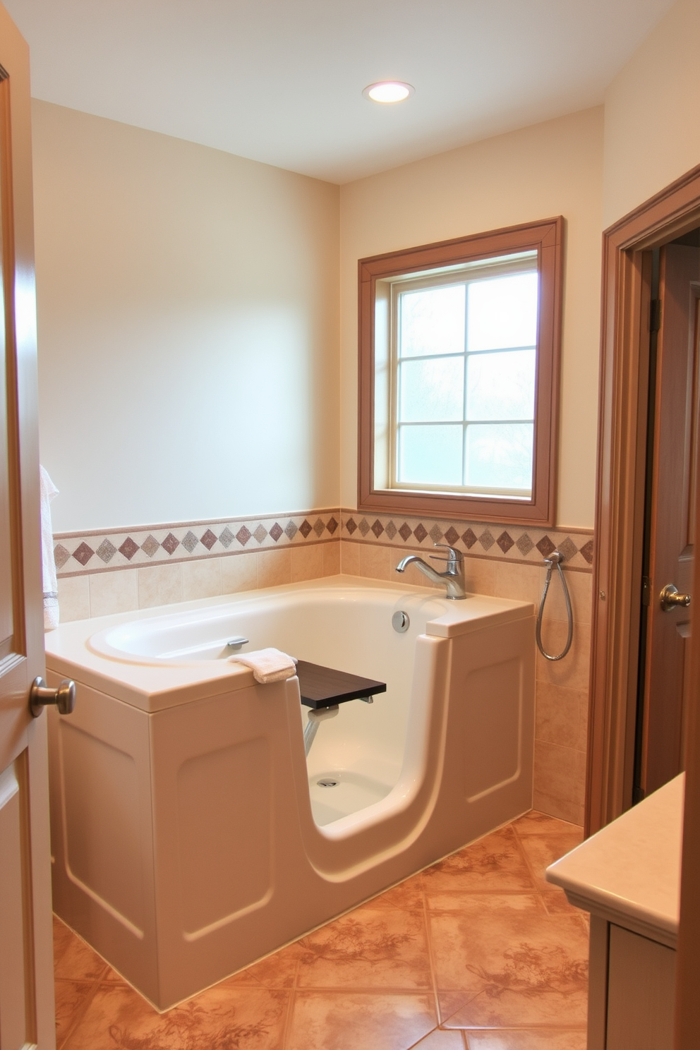 A spacious aging in place bathroom featuring a walk-in bathtub designed for safety and comfort. The bathtub is equipped with grab bars and a non-slip surface, surrounded by soft ambient lighting and warm earth tones. The design includes a wide doorway for wheelchair accessibility and a fold-down seat within the bathtub. Natural light floods the space through a frosted window, highlighting the elegant tiles and easy-to-reach fixtures.