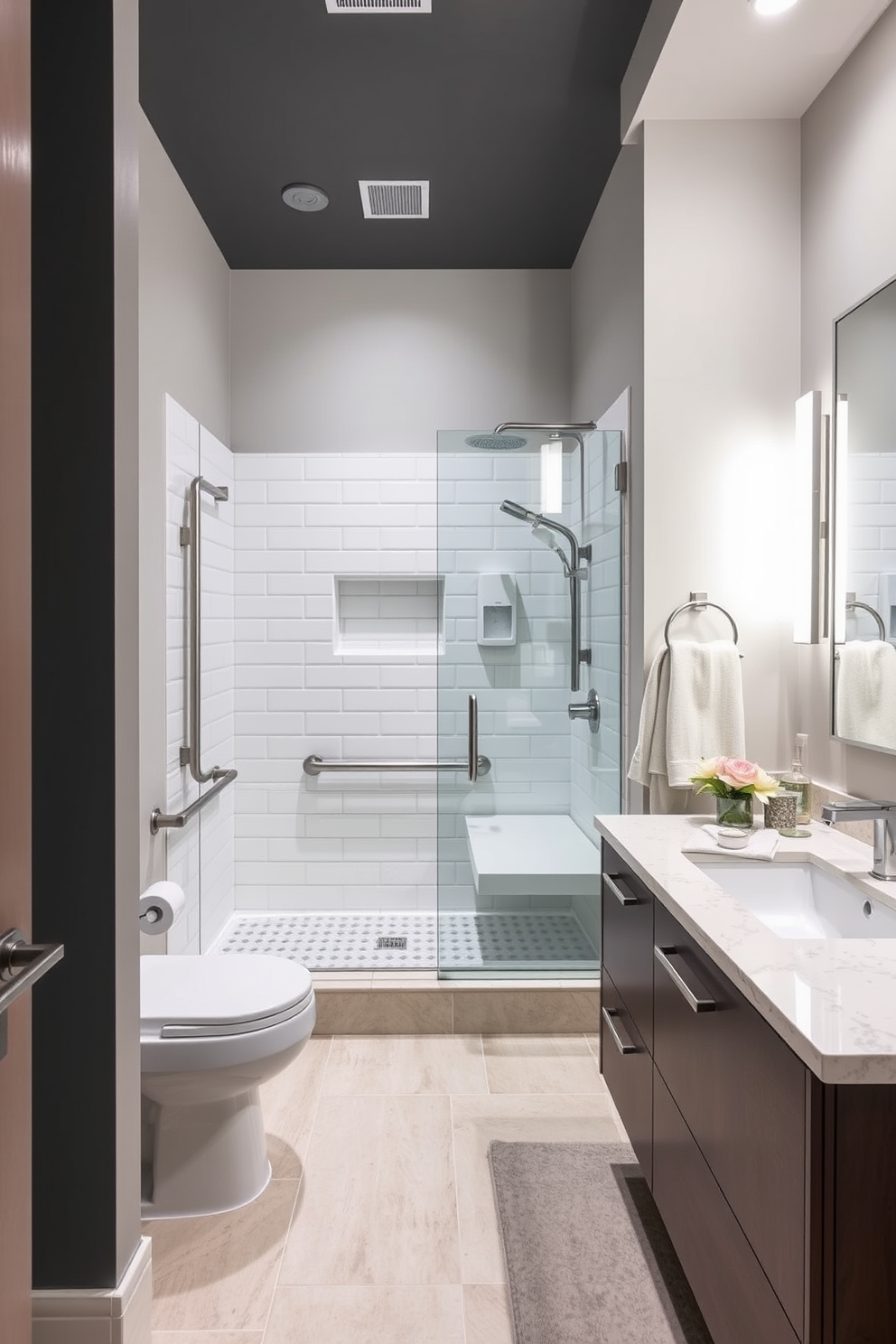 Accessible shelving for toiletries and towels. The shelving is designed to be at an easy reach for individuals of all ages, featuring open compartments for quick access to essentials. The shelves are made of light-colored wood, creating a warm and inviting atmosphere. Soft LED lighting is integrated above the shelves to enhance visibility while maintaining a serene ambiance.