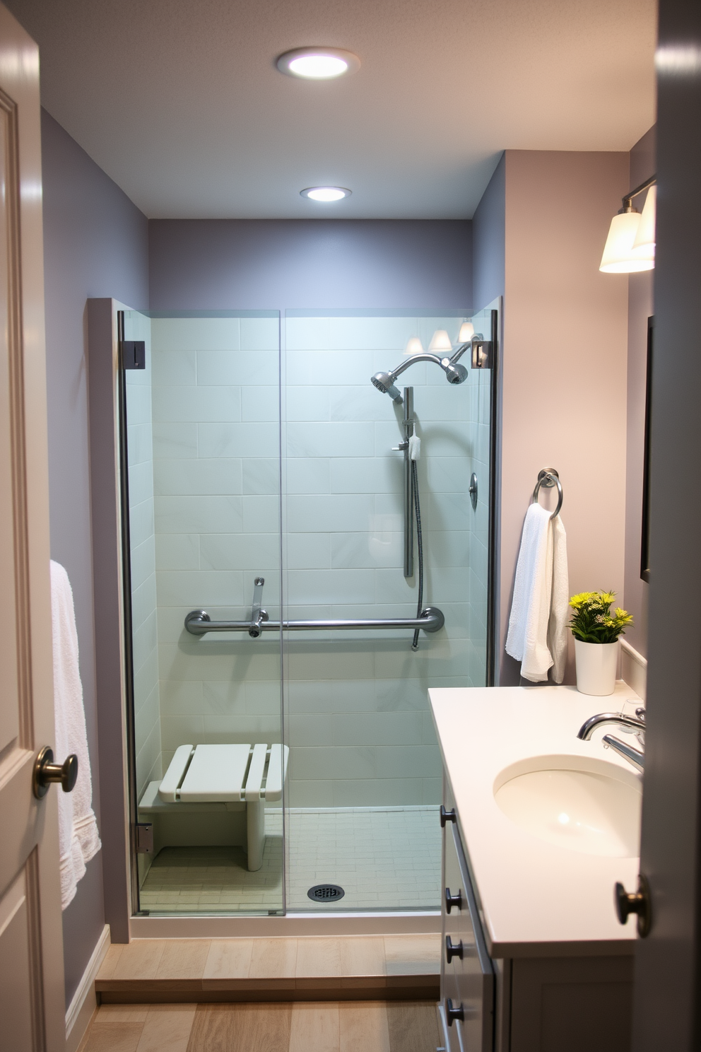 Bright adjustable lighting illuminates the space, allowing for optimal visibility and enhancing the overall ambiance. The design features a spacious layout with grab bars, a walk-in shower, and a comfort-height toilet to ensure safety and accessibility for all ages.