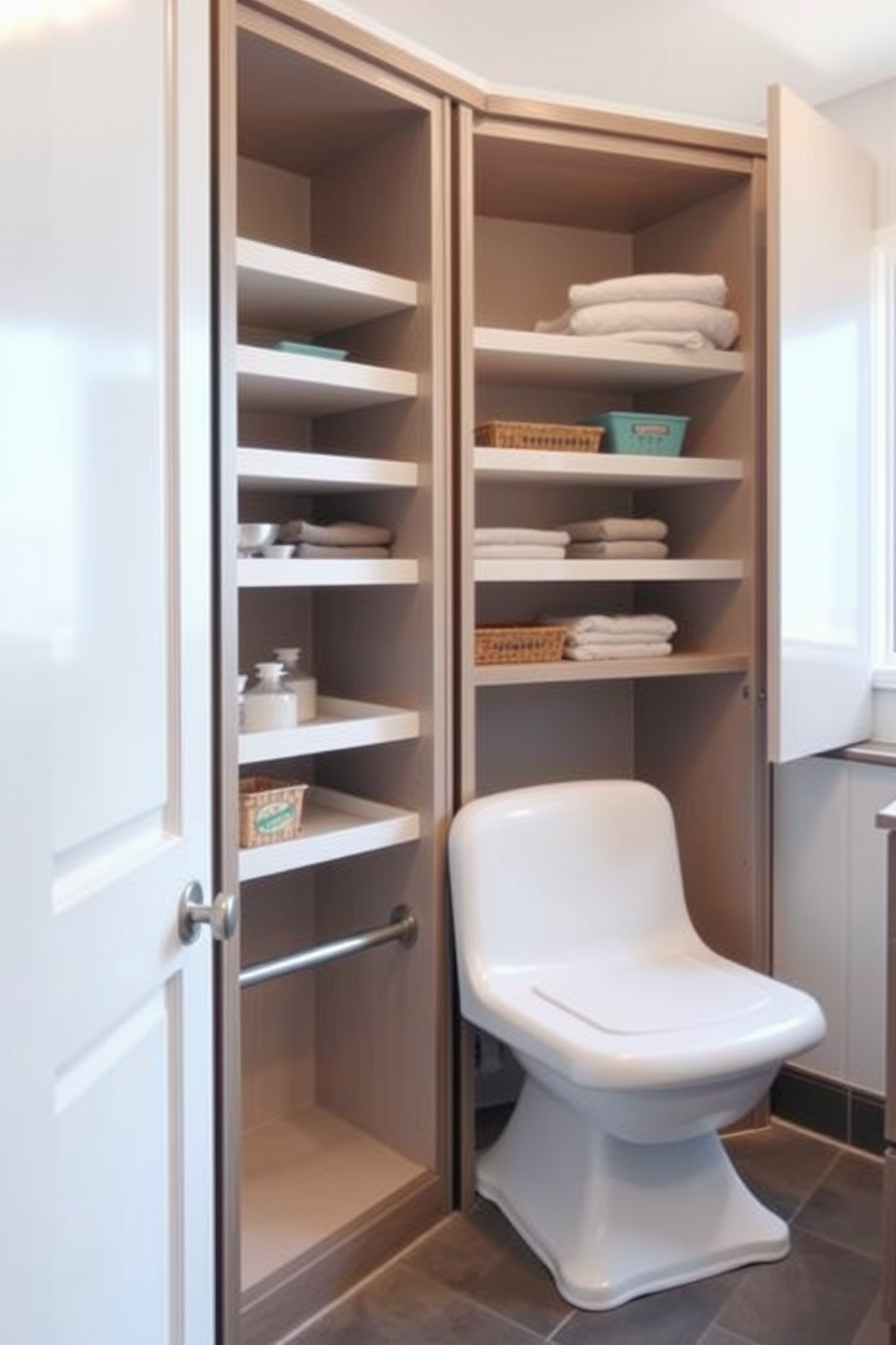 Aging in Place bathroom designed for accessibility and comfort. The space features comfort-height sinks that ensure ease of use for individuals of all ages. Grab bars are strategically placed near the shower and toilet for safety. Soft lighting and contrasting colors enhance visibility and create a welcoming atmosphere.