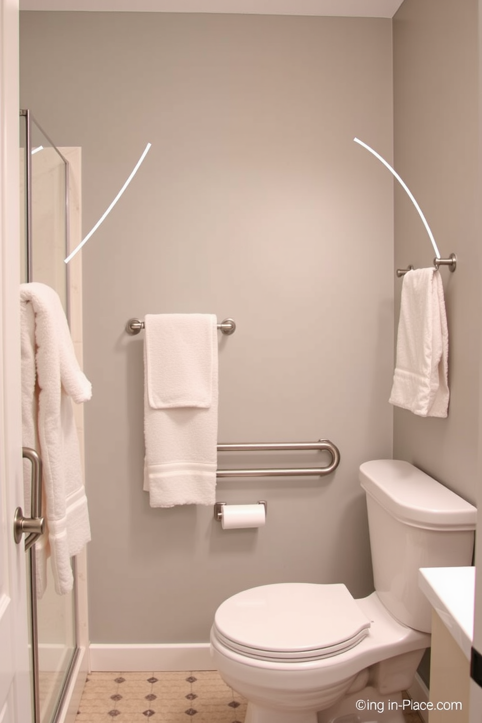 Aging in Place bathroom design features easy-to-reach towel bars and hooks strategically placed for convenience. The design incorporates grab bars near the shower and toilet, ensuring safety while maintaining a stylish aesthetic.