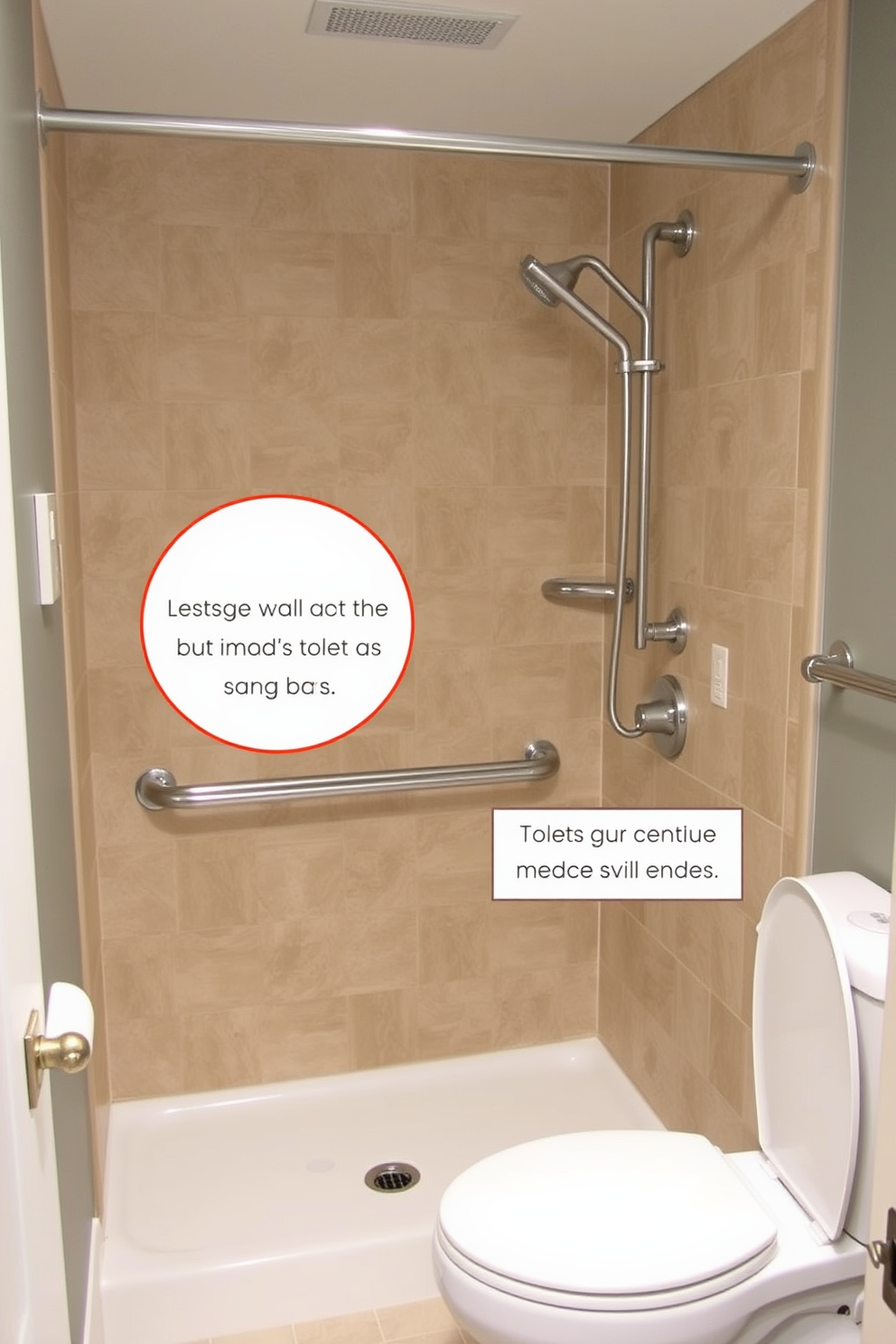 Aging in Place bathroom design features accessible electrical outlets positioned at reachable heights for convenience and safety. The design includes grab bars near the shower and toilet to enhance stability for users of all ages.