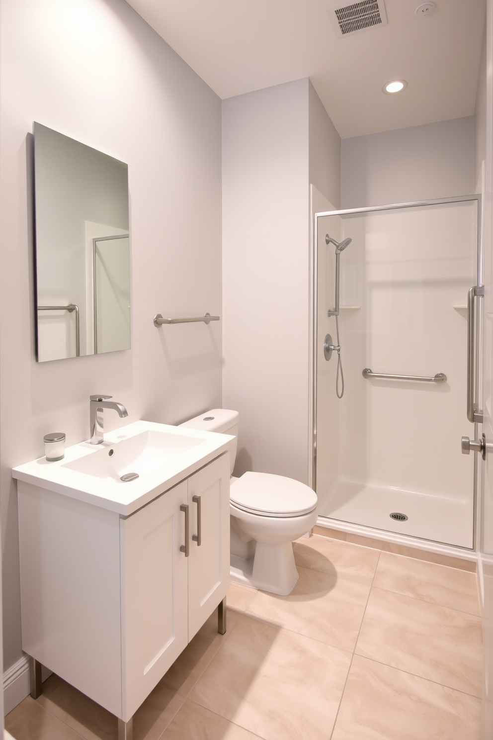 A minimalistic bathroom design featuring a sleek white vanity with a single basin sink. The walls are painted in soft gray tones and the floor is a large format light tile for easy maintenance. Incorporating aging in place design elements, the bathroom includes grab bars next to the toilet and in the shower. A walk-in shower with a low threshold ensures accessibility while maintaining a clean and modern aesthetic.