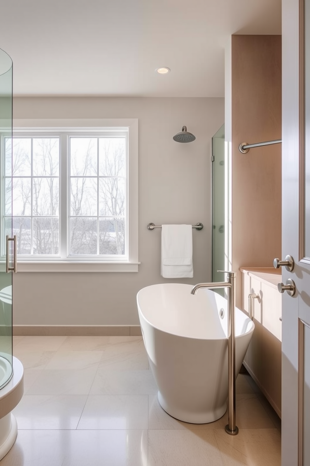 Integrated seating in shower space. The design features a built-in bench made of natural stone, seamlessly blending with the tiled walls. Aging in Place Bathroom Design Ideas. The layout includes grab bars next to the toilet and shower, ensuring safety and accessibility for all users.