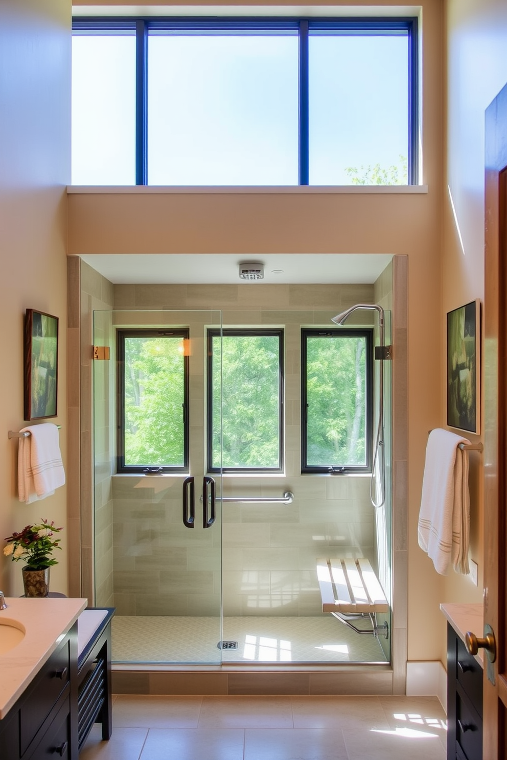 A stylish bathroom featuring smart mirrors with built-in lighting that enhance the space while providing practical functionality. The mirrors are framed in sleek metal and are positioned above a modern floating vanity with a quartz countertop. The design incorporates Aging in Place principles, ensuring accessibility and comfort for all users. Grab bars are installed next to the shower and toilet, and the layout allows for easy maneuverability with a wheelchair or walker.