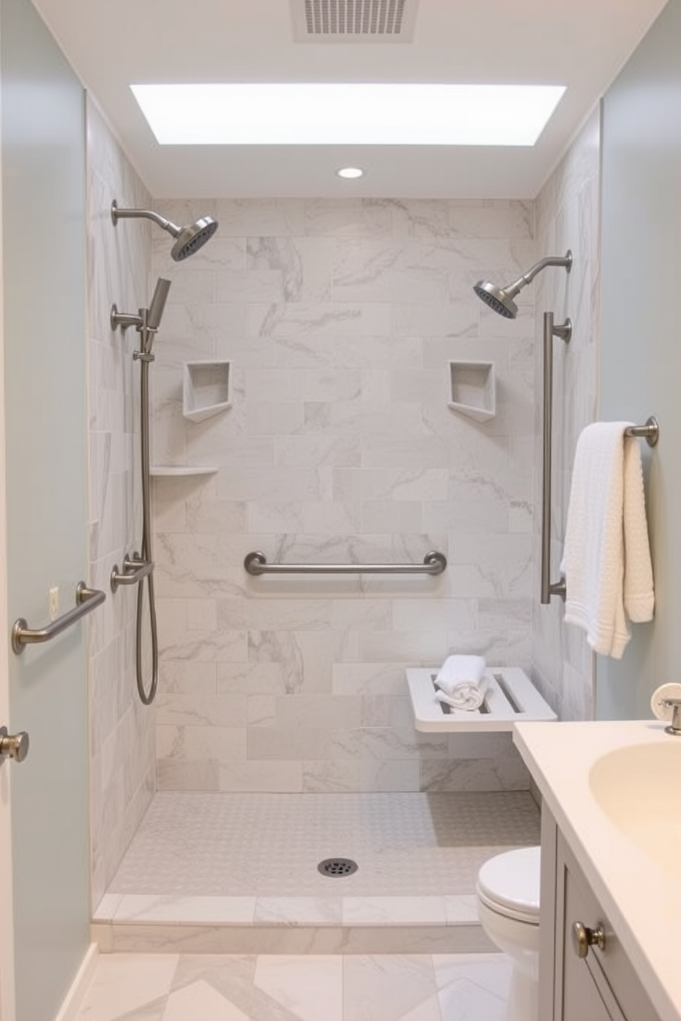 A spacious bathroom featuring an adjustable handheld shower head that is easily accessible for all ages. The design includes grab bars and a bench for comfort, with a non-slip floor and ample lighting to ensure safety and convenience. The walls are adorned with soft, neutral tones that create a calming atmosphere. Stylish storage solutions are integrated into the design to keep essentials within reach while maintaining a clutter-free space.