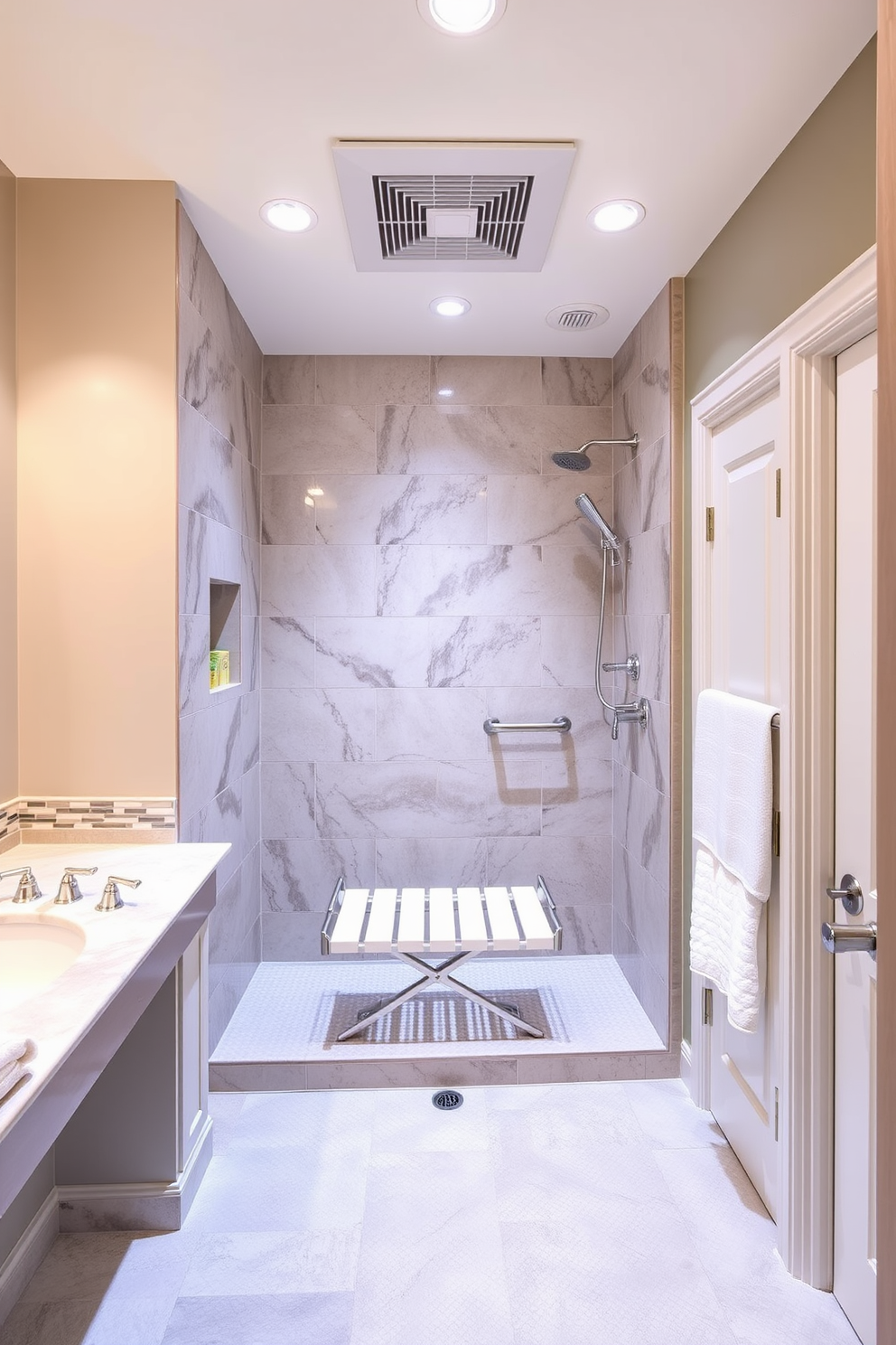 A spacious bathroom designed for aging in place features a walk-in shower with grab bars and a fold-down bench for safety and convenience. The flooring is slip-resistant and the lighting is bright yet soft, ensuring visibility without harsh glare. Ventilation fans are strategically placed to effectively reduce moisture buildup, promoting a healthier environment. The design includes a stylish exhaust fan that blends seamlessly with the overall aesthetic, maintaining the room's elegance.