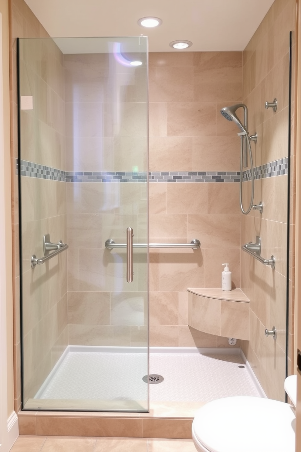 Aging in Place bathroom design featuring non-slip flooring to enhance safety and prevent falls. The space includes a walk-in shower with grab bars and a bench, ensuring accessibility for all users.