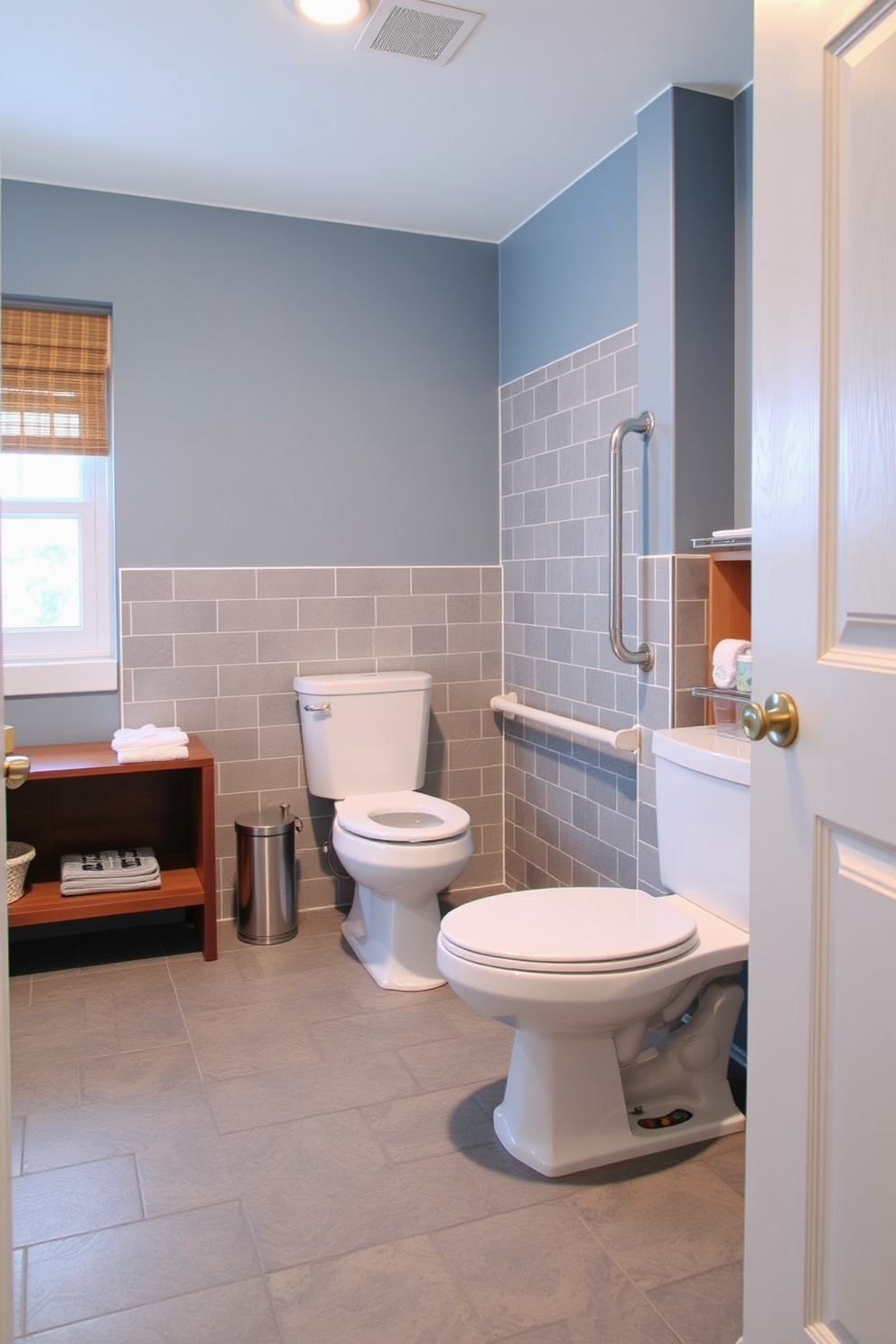 Aging in Place Bathroom Design Ideas. The bathroom features grab bars installed near the toilet and shower to enhance safety and accessibility for seniors. The layout includes a walk-in shower with a bench and a handheld showerhead for ease of use. Soft lighting illuminates the space, creating a warm and inviting atmosphere. The color palette consists of calming neutrals and soft blues, promoting relaxation and comfort.