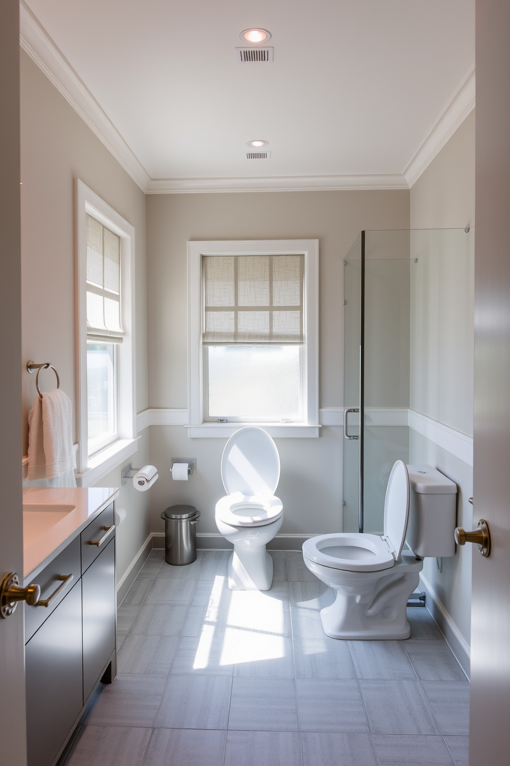 Aging in Place bathroom design features raised toilet seats to enhance accessibility and comfort for individuals with mobility challenges. The space is designed with safety in mind, incorporating grab bars and non-slip flooring to ensure a secure environment. Natural light floods the room through frosted glass windows, creating a bright and inviting atmosphere. Soft neutral colors adorn the walls, complemented by stylish fixtures that blend functionality with modern aesthetics.