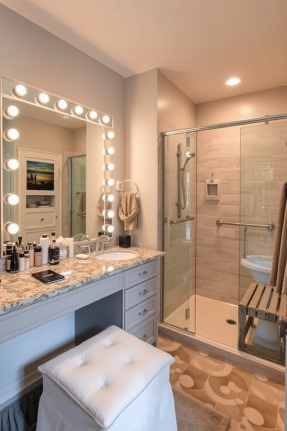 A cozy makeup counter is designed with a comfortable cushioned stool and a large illuminated mirror. The counter features ample storage for cosmetics and personal items, ensuring everything is within easy reach. The aging in place bathroom incorporates grab bars and a walk-in shower with a bench for safety and accessibility. Soft lighting and contrasting colors create a warm and inviting atmosphere while maintaining functionality.