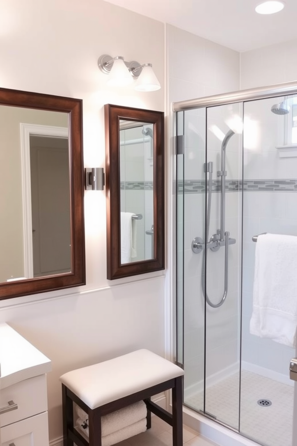 A serene aging in place bathroom setting featuring lighted mirrors with magnifying options. The design includes a spacious walk-in shower with grab bars and a comfortable bench for safety and convenience.