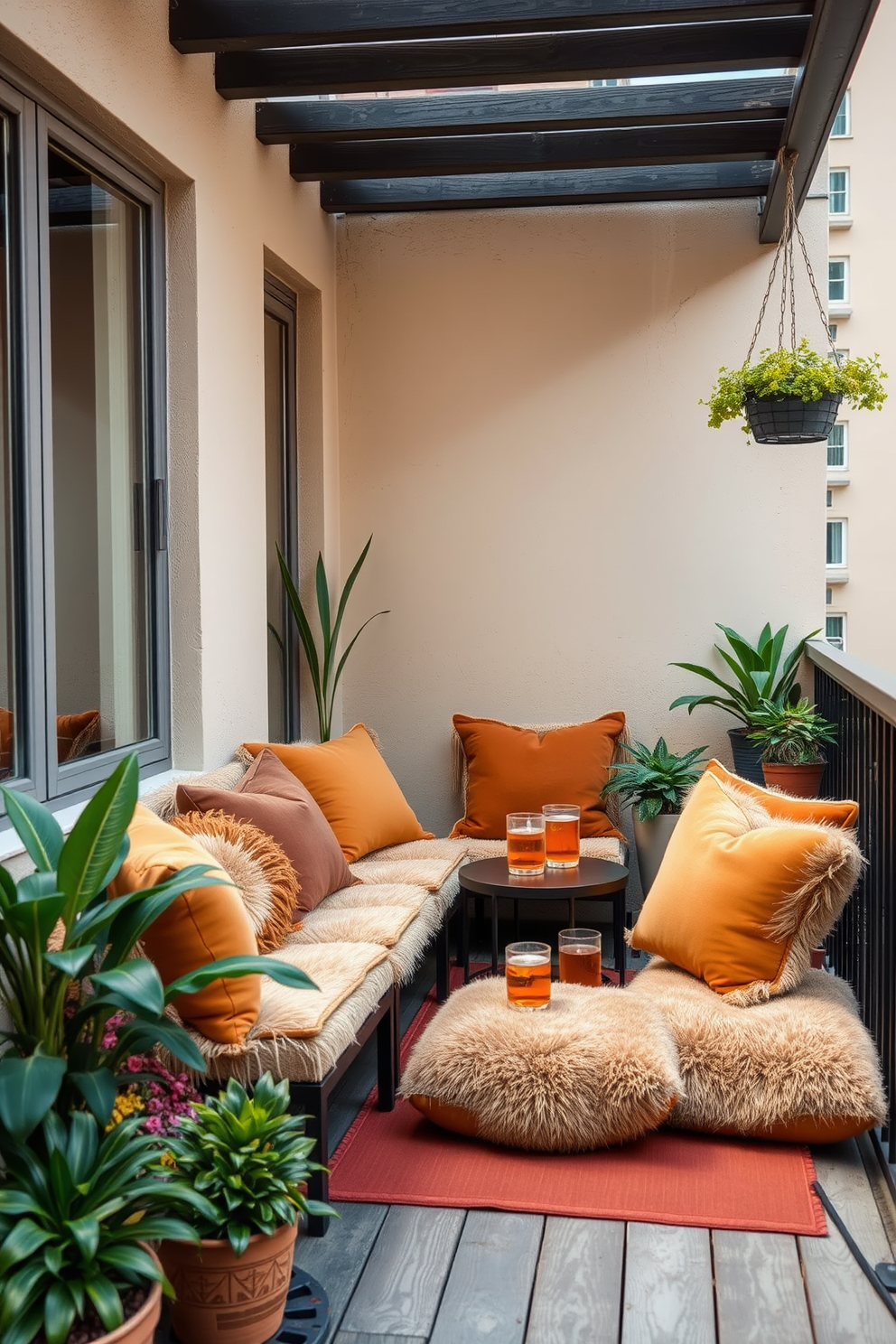 Cozy seating arrangement on an apartment balcony featuring plush outdoor cushions in warm tones. The space is adorned with potted plants and a small table for drinks, creating an inviting atmosphere for relaxation.