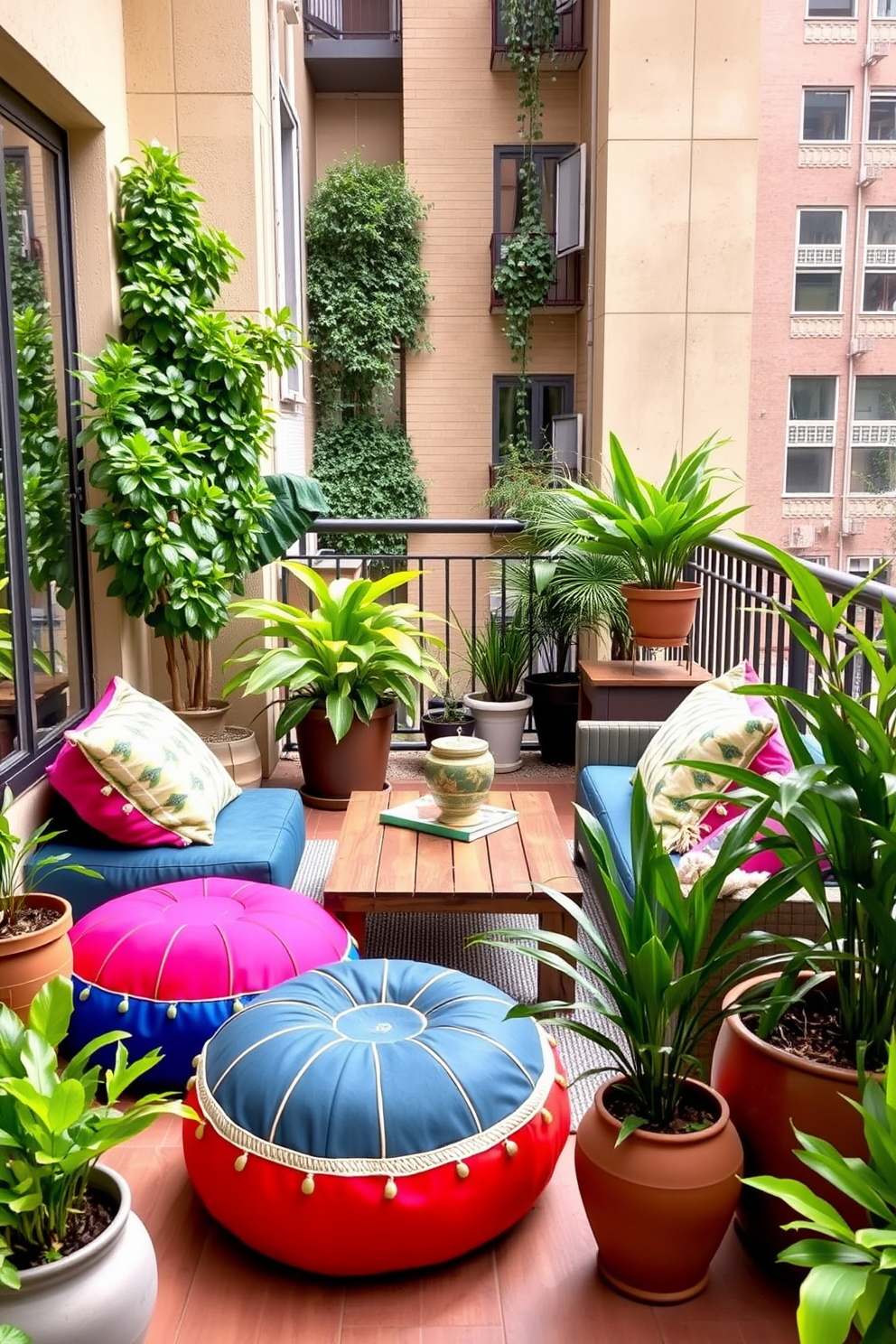 A cozy apartment balcony featuring colorful outdoor poufs arranged around a low wooden coffee table. Lush green plants in decorative pots surround the seating area, creating a vibrant and inviting atmosphere.