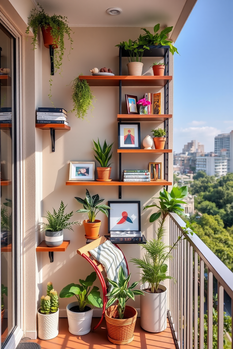 A stylish apartment balcony features wall-mounted shelves adorned with decorative accents. The shelves are filled with potted plants, books, and art pieces, creating a vibrant and inviting atmosphere.