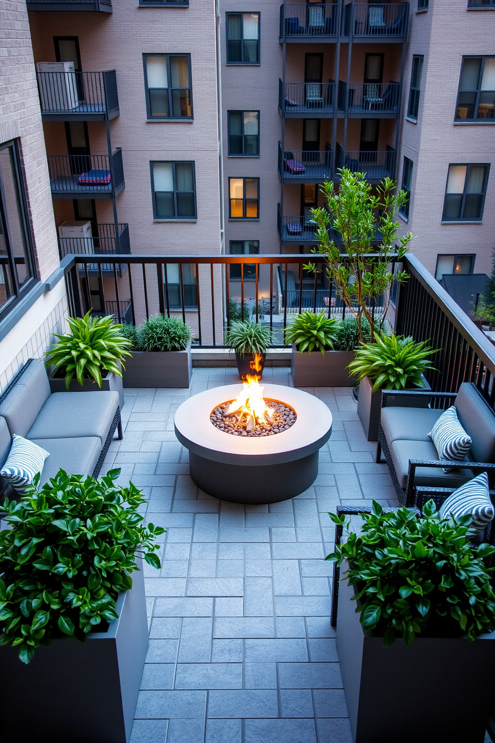 A cozy apartment balcony featuring a modern fire pit at its center surrounded by comfortable seating. Lush greenery in planters adds a touch of nature, while soft lighting creates a warm and inviting atmosphere.