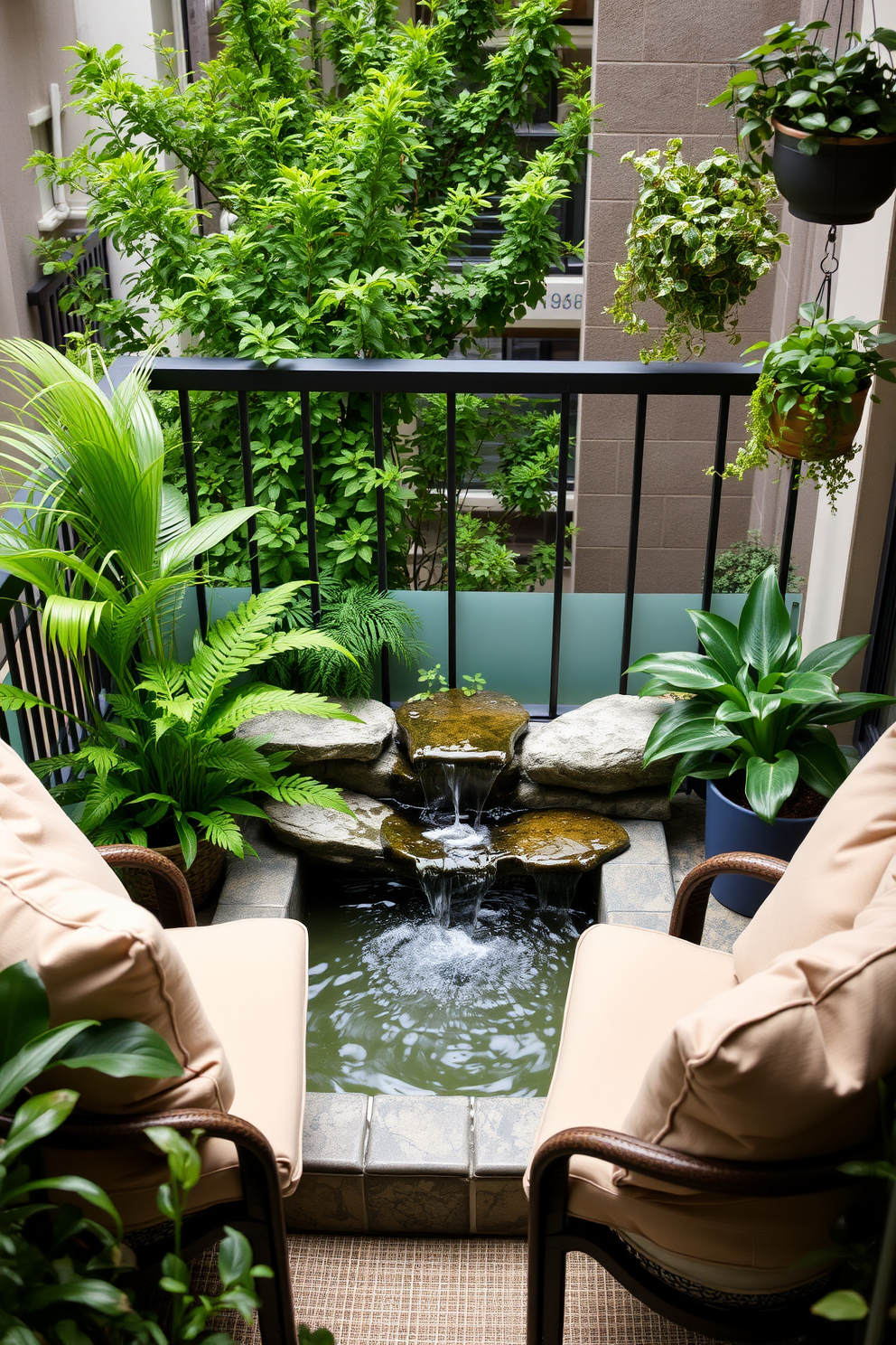 A serene small water feature is nestled among lush greenery on the apartment balcony. The gentle sound of flowing water creates a tranquil atmosphere ideal for relaxation and meditation. Surrounding the water feature, comfortable seating is arranged with plush cushions in soft, natural tones. Potted plants and hanging planters add a touch of nature, enhancing the calming vibe of the space.