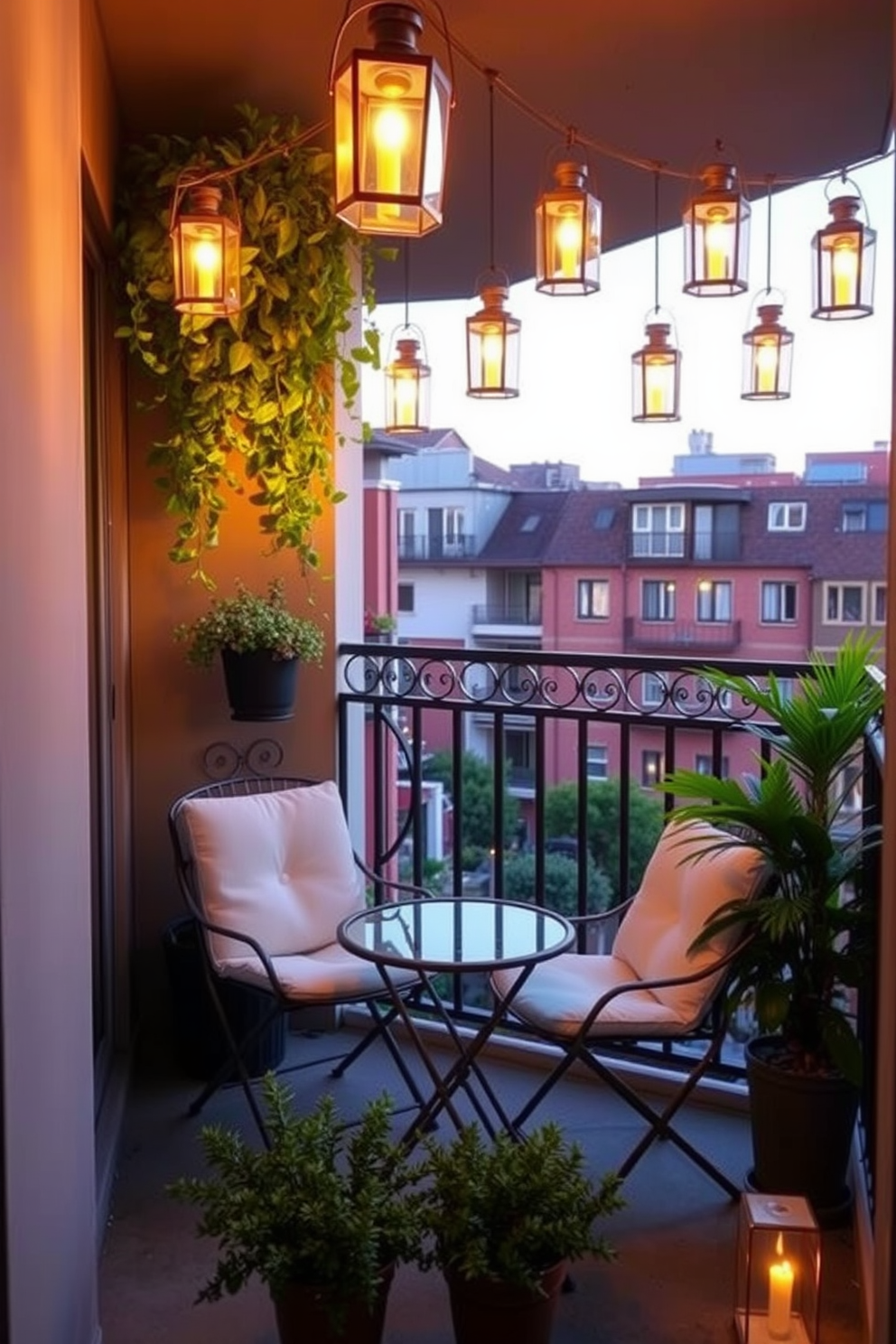 Create a cozy apartment balcony that features a small bistro table with two chairs. Surround the table with potted plants of varying heights and colorful flowers to enhance the inviting atmosphere. Incorporate a wall art piece that reflects personal style, such as a vibrant painting or a collection of framed photographs. Add string lights overhead to create a warm and enchanting ambiance during the evening.