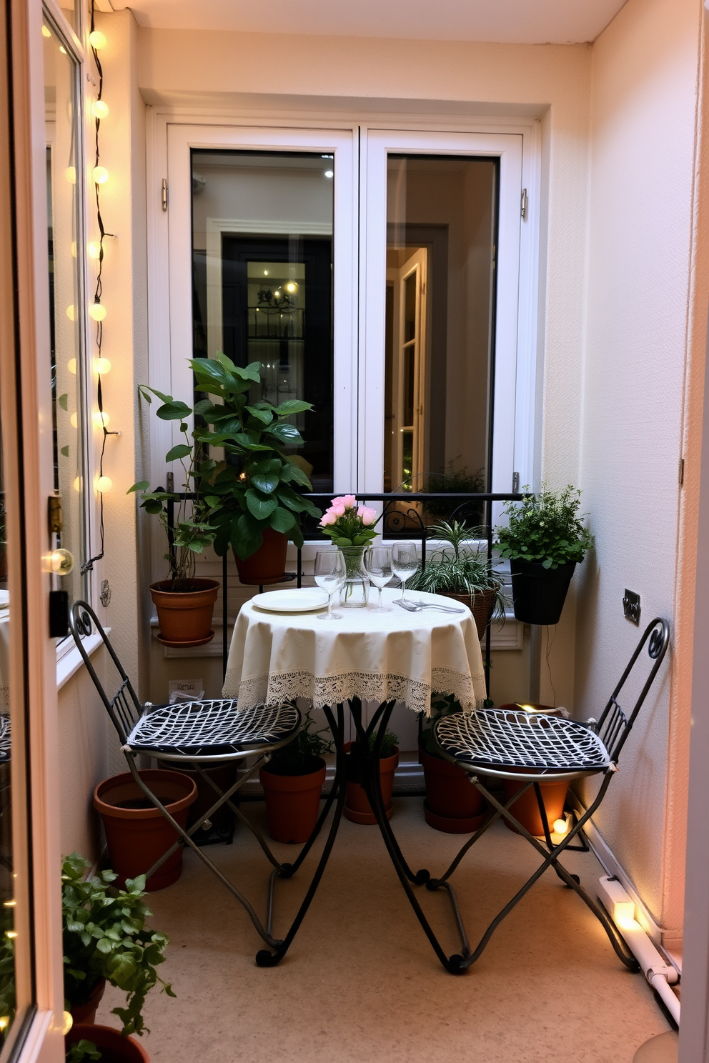 A cozy bistro table set for intimate gatherings on a charming apartment balcony. The table is adorned with a delicate tablecloth and two elegant chairs, surrounded by potted plants and twinkling fairy lights.