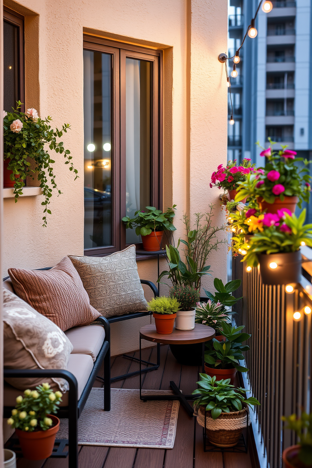 Seasonal decor for year-round appeal. The balcony features a cozy seating area with plush cushions and a small table adorned with potted plants that change with the seasons. Apartment balcony design ideas. A stylish railing with built-in planters showcases vibrant flowers while string lights create a warm ambiance for evening relaxation.