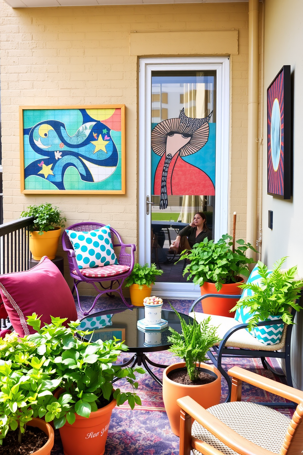 Create a vibrant apartment balcony that showcases weather-resistant art pieces that reflect the owner's personality. Incorporate colorful planters filled with lush greenery and comfortable seating options that invite relaxation and enjoyment of the outdoor space.