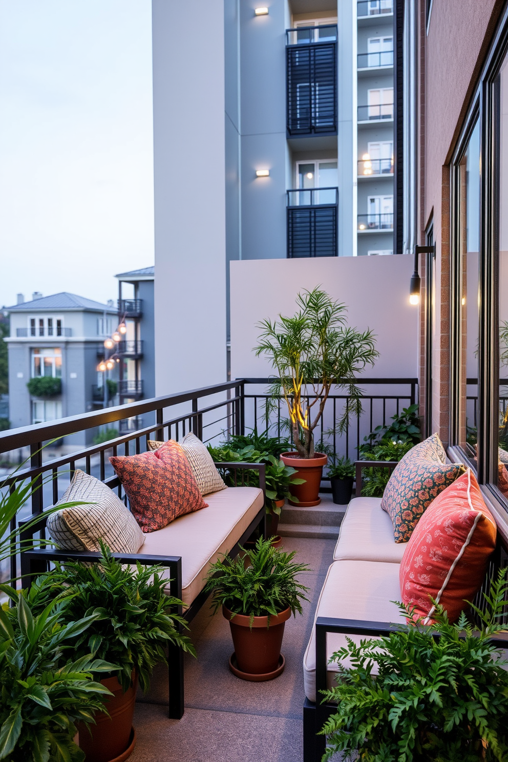 Cushioned benches are strategically placed along the edges of the apartment balcony, providing a cozy seating area for relaxation. The benches are adorned with colorful throw pillows, enhancing the comfort and inviting atmosphere of the space. Lush potted plants surround the seating area, adding a touch of greenery and creating a tranquil retreat. Soft outdoor lighting is installed above to create a warm ambiance during the evening, making the balcony perfect for entertaining guests.