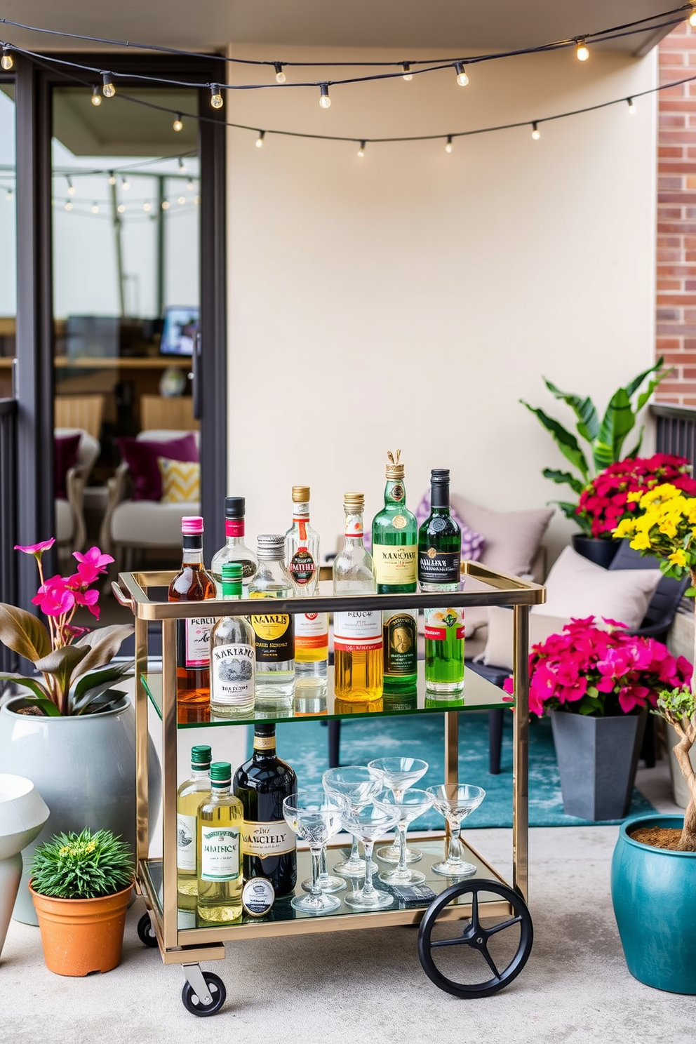 A stylish mini bar cart designed for entertaining guests. The cart features a sleek metallic frame with glass shelves, stocked with an assortment of premium spirits, mixers, and elegant glassware. The apartment balcony is adorned with comfortable seating and vibrant potted plants. String lights are draped overhead, creating a cozy atmosphere perfect for gatherings.