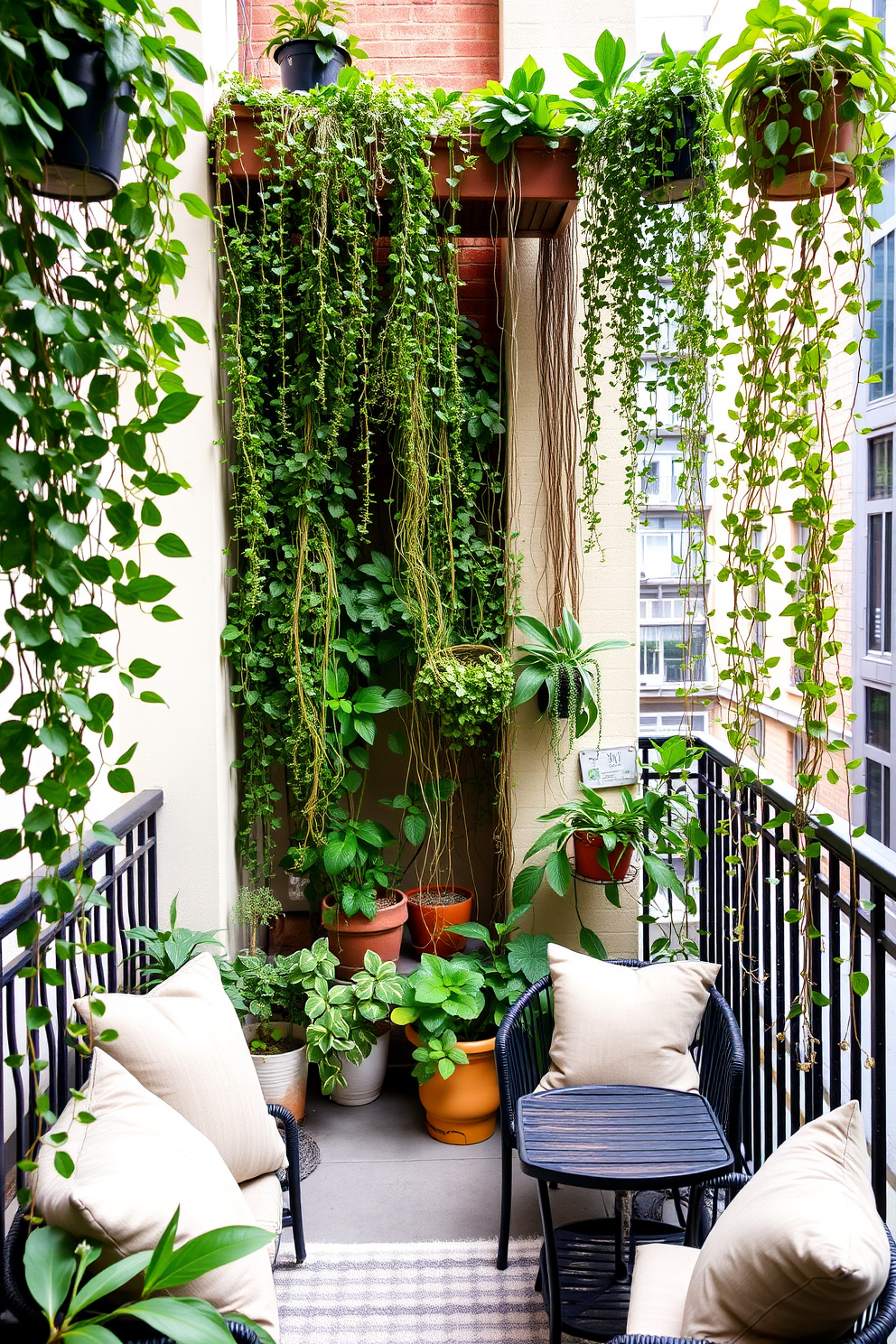 A serene apartment balcony featuring a vertical garden filled with lush hanging plants cascading down from wooden planters. The space is adorned with a cozy seating area, complete with a small table and comfortable cushions, creating an inviting retreat in the heart of the city.