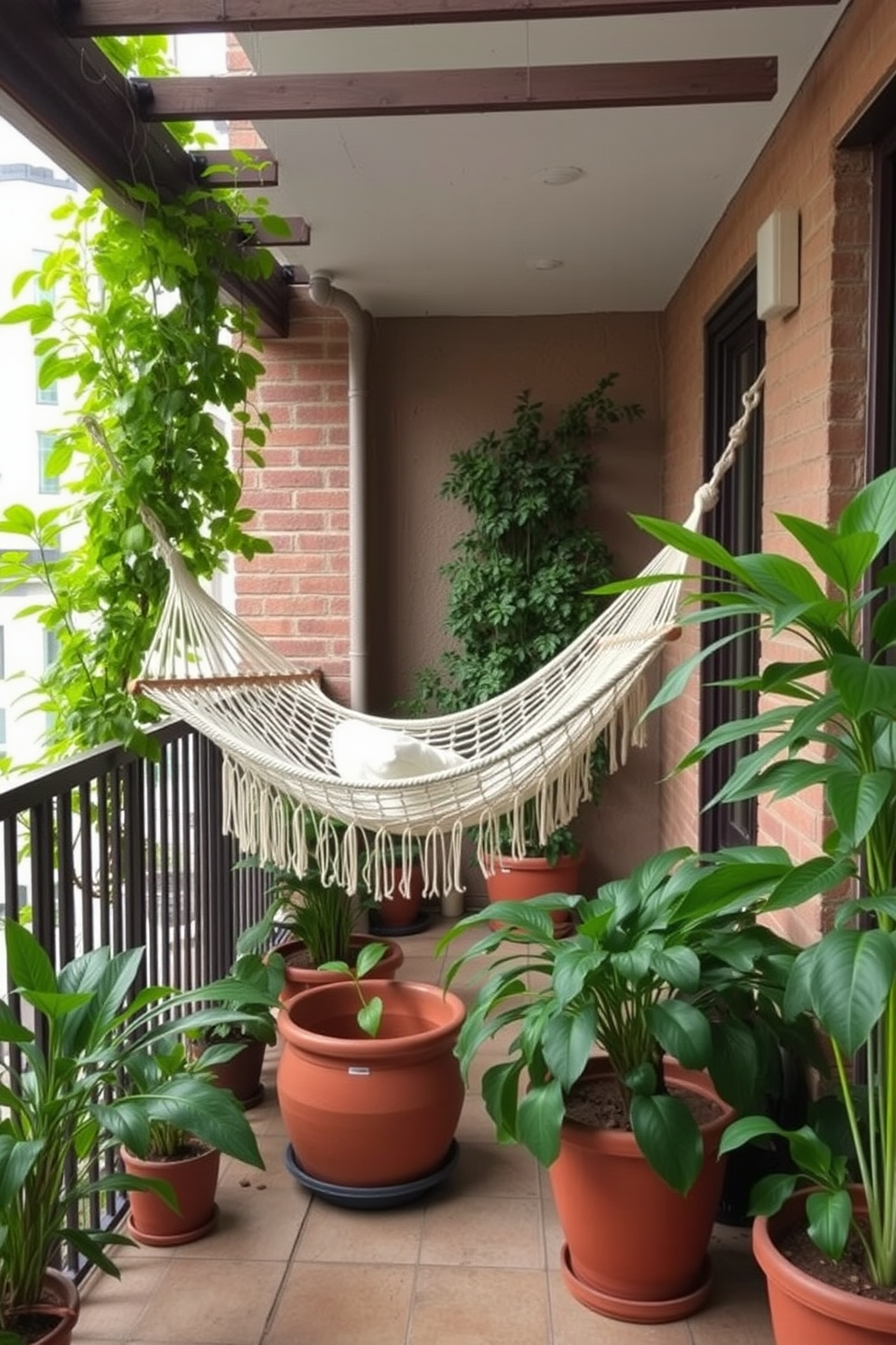 A cozy apartment balcony featuring a comfortable hammock strung between two sturdy posts. Lush green plants in terracotta pots surround the space, creating a tranquil oasis for relaxation and leisure.