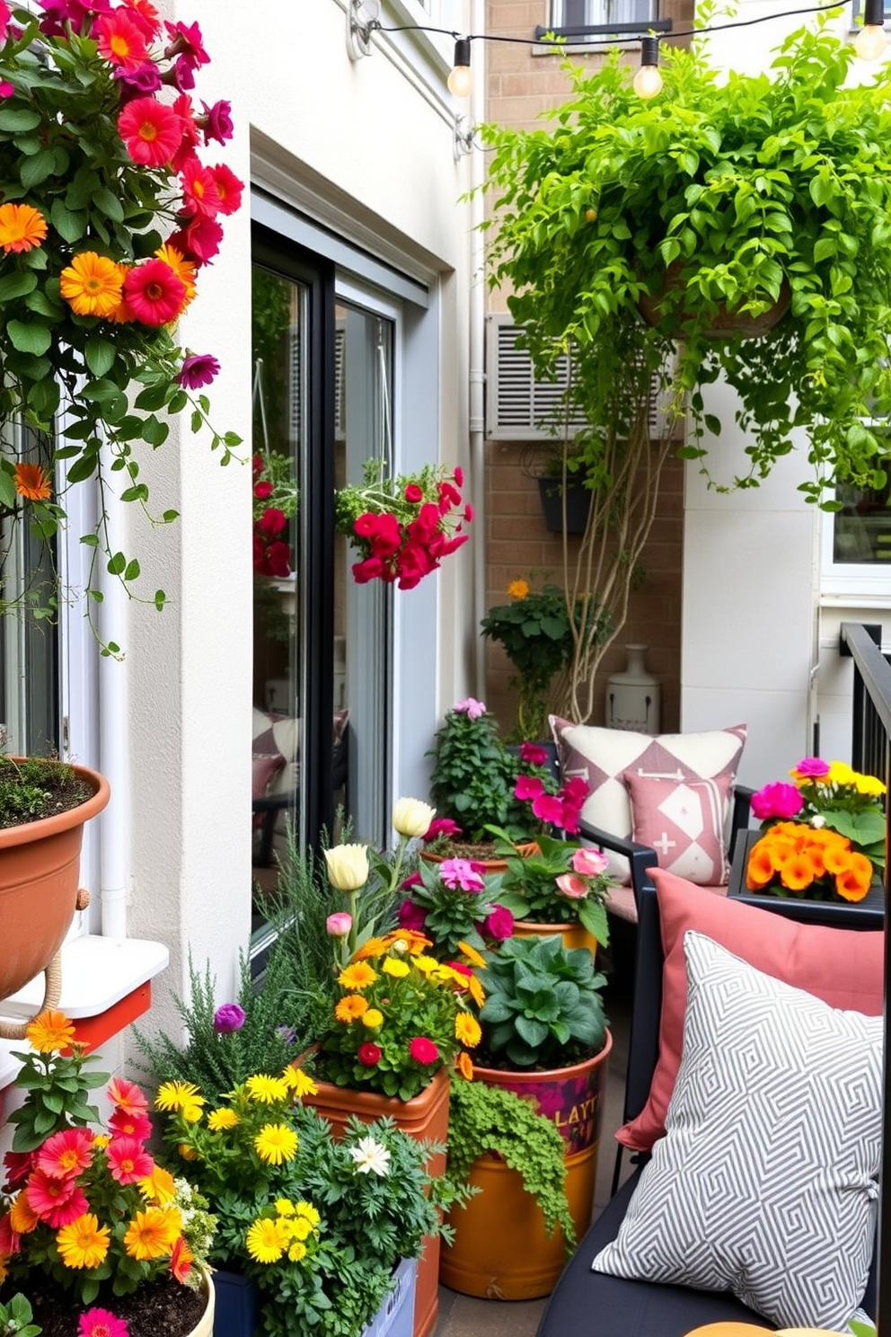 Colorful planters filled with vibrant flowers and lush greenery adorn the edges of a cozy apartment balcony. A comfortable seating area with stylish cushions invites relaxation, while string lights overhead create a warm and inviting atmosphere.