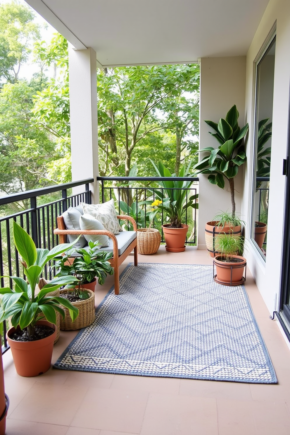 A cozy apartment balcony featuring a textured outdoor rug that complements the surrounding greenery. The space is adorned with comfortable seating and potted plants, creating an inviting atmosphere for relaxation.