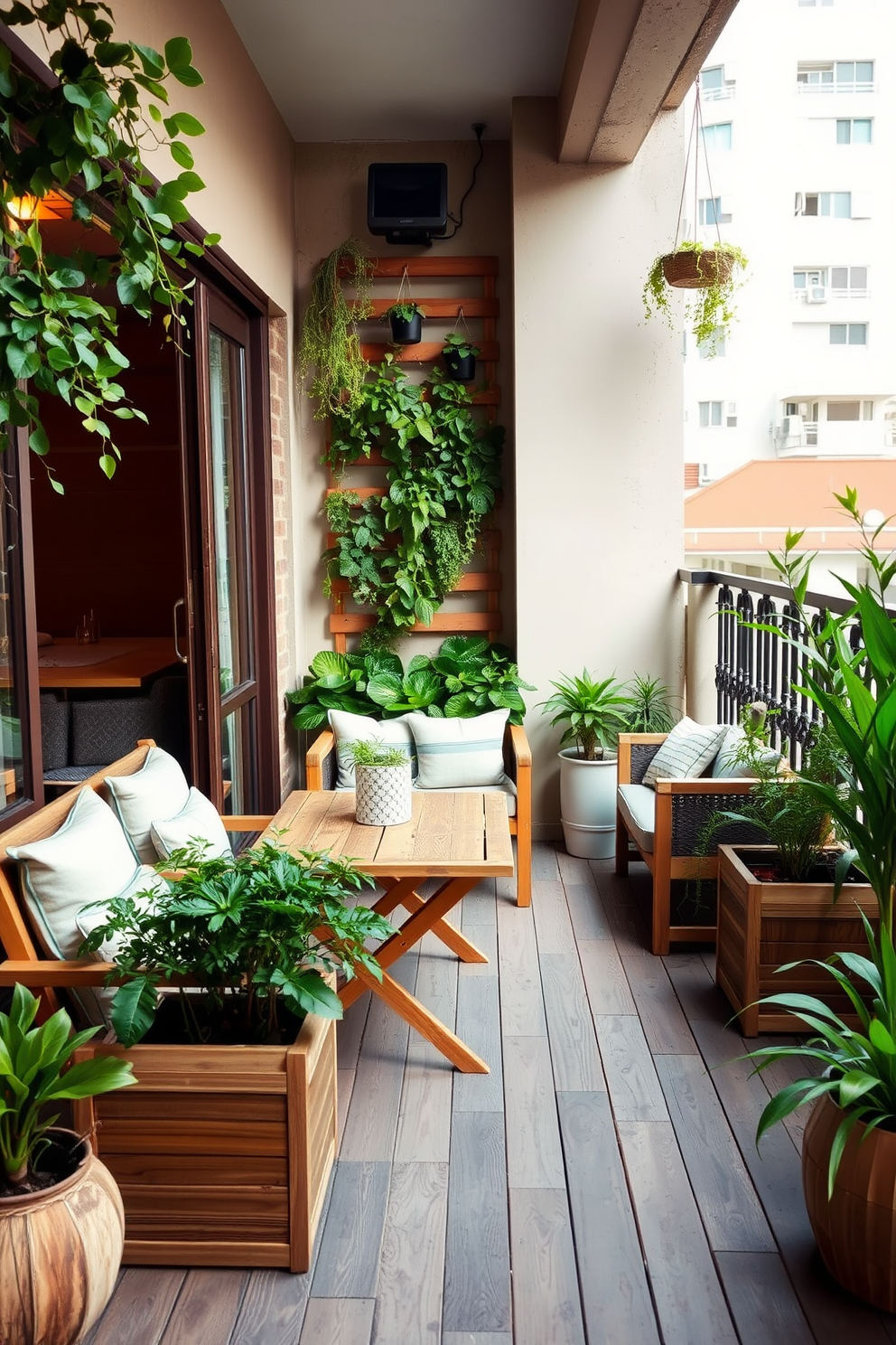 A cozy apartment balcony features rustic seating made from reclaimed wooden pallets. The space is adorned with potted plants and fairy lights, creating a warm and inviting atmosphere.