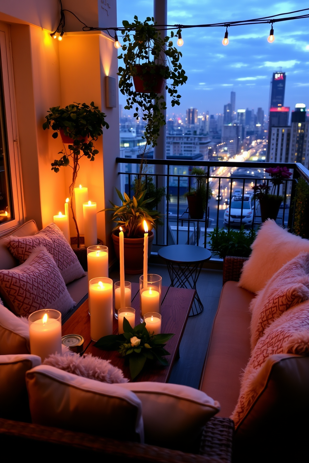 Candle arrangements for romantic evenings. Softly flickering candles in various heights are placed on a wooden table surrounded by comfortable seating. Apartment balcony design ideas. A cozy nook with plush cushions and a small bistro table overlooks a vibrant cityscape, adorned with potted plants and string lights for a warm ambiance.