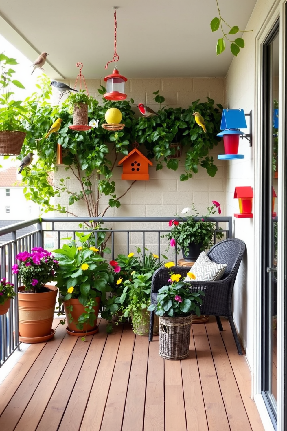 A charming apartment balcony designed to attract wildlife features a variety of colorful bird feeders hanging at different heights. Lush greenery surrounds the space, with potted plants and flowers providing a vibrant backdrop for the cheerful birds. The balcony floor is adorned with natural wood decking, creating a warm and inviting atmosphere. Cozy seating arrangements invite relaxation while enjoying the sights and sounds of nature.