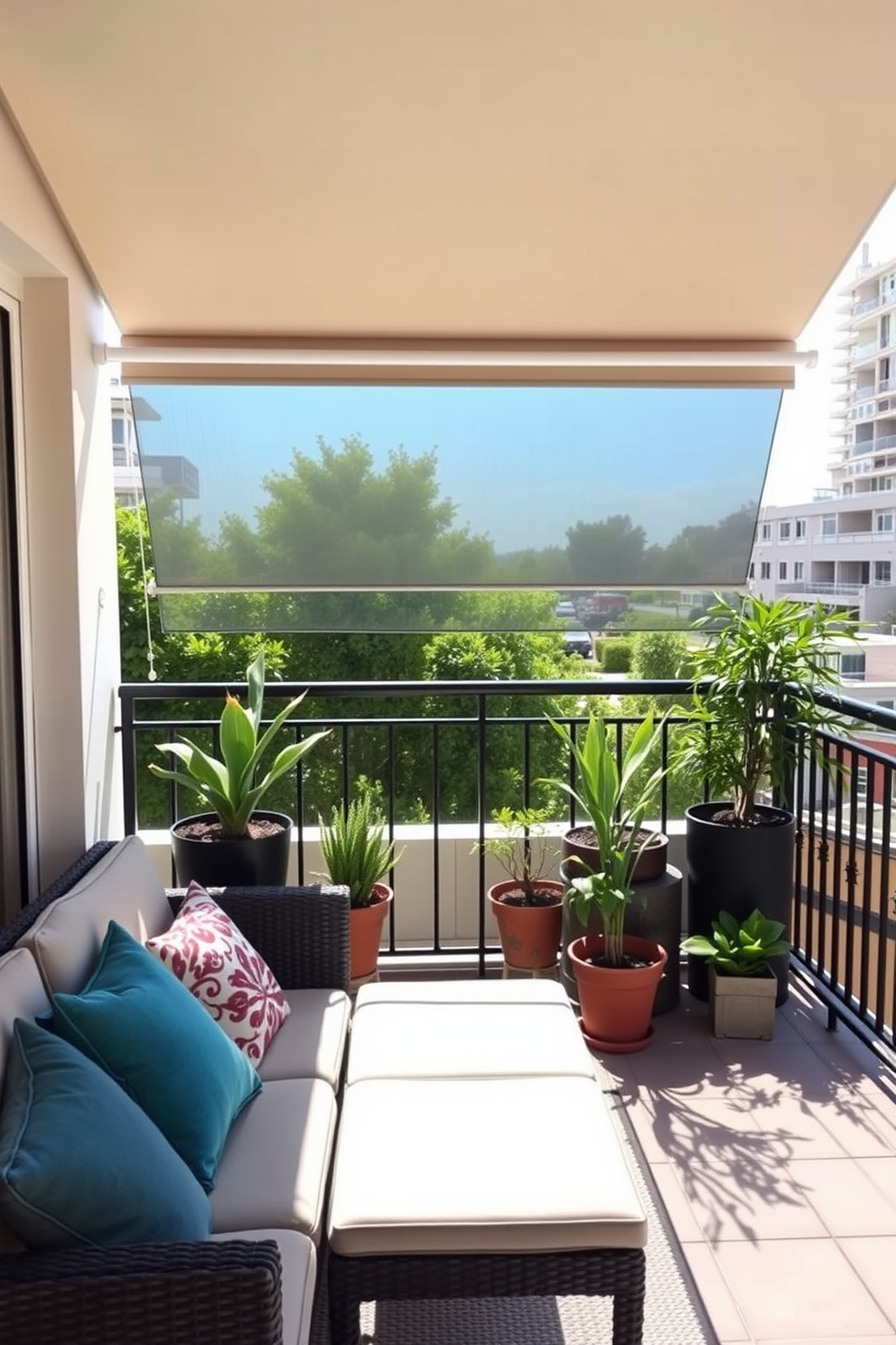 A stylish apartment balcony features a retractable sunshade that provides relief from the sun while maintaining a modern aesthetic. The balcony is adorned with comfortable seating, potted plants, and decorative cushions, creating a cozy outdoor retreat.