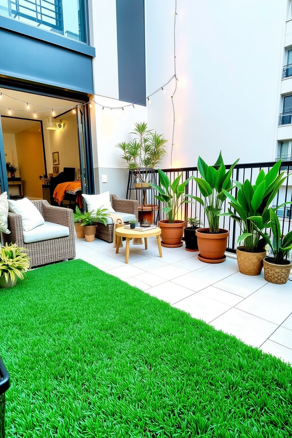 A modern apartment balcony featuring faux grass to create a lush and inviting atmosphere. The space is adorned with comfortable seating, potted plants, and decorative string lights for a cozy ambiance.