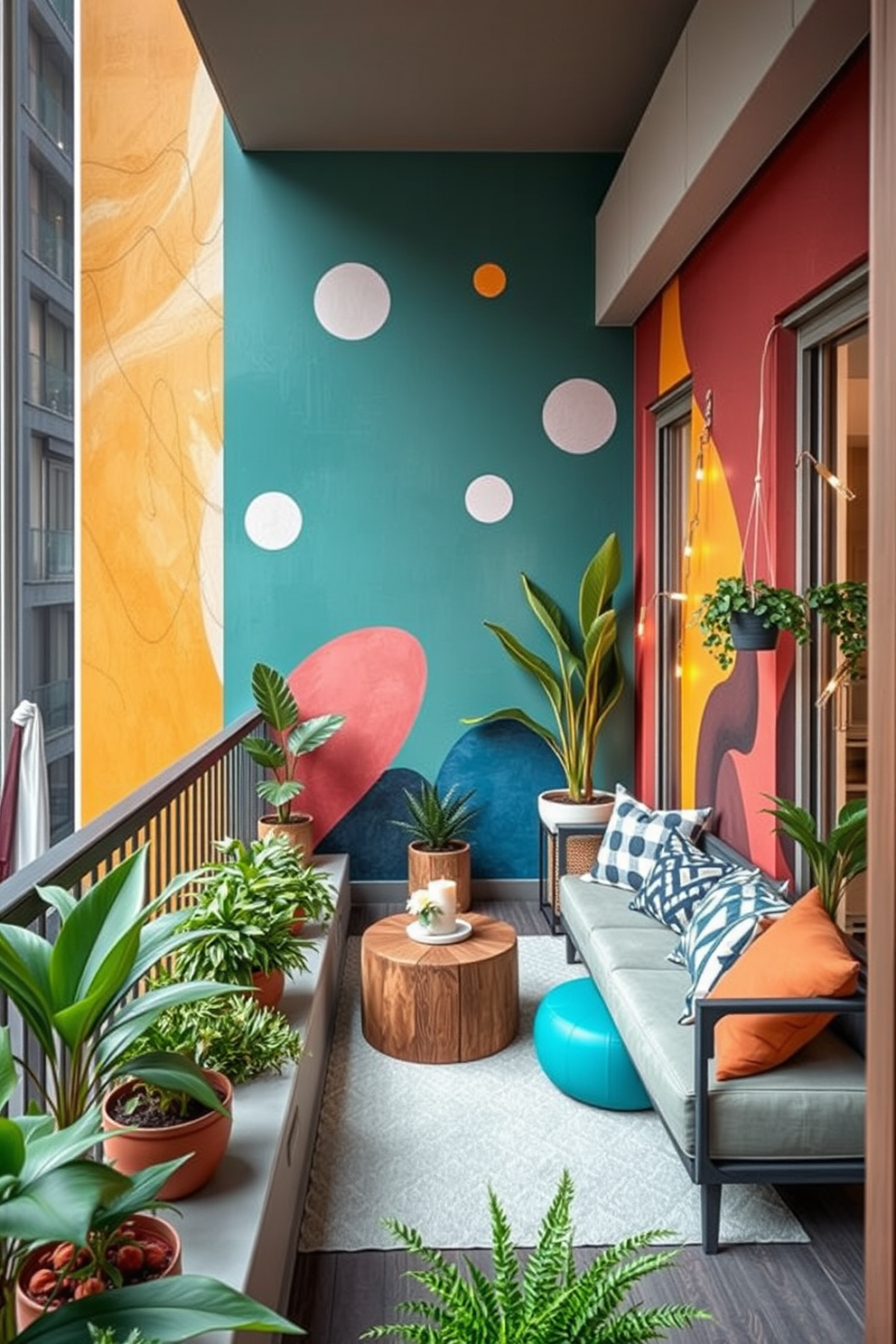 Artistic wall murals that inspire creativity. The walls are adorned with vibrant, abstract designs that evoke a sense of imagination and artistic expression. Apartment balcony design ideas that maximize space and comfort. The balcony features cozy seating arrangements, lush greenery, and decorative lighting to create an inviting outdoor oasis.