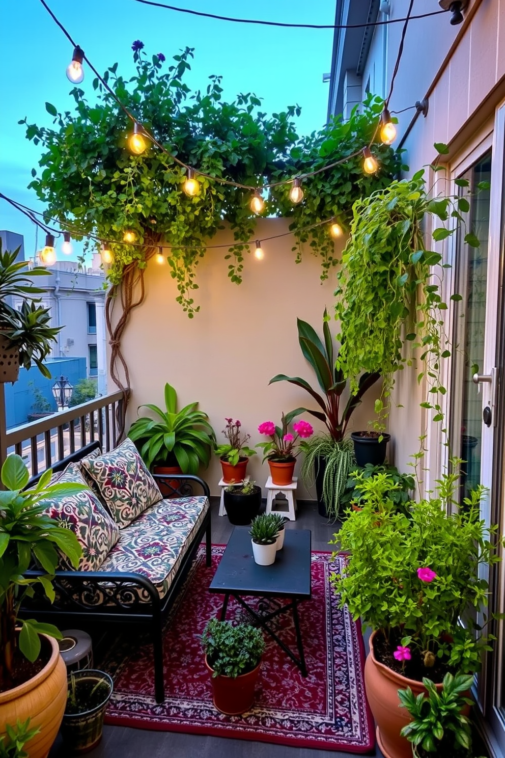 A cozy apartment balcony with lush greenery and colorful potted plants creating a vibrant atmosphere. A comfortable seating area features a stylish outdoor sofa adorned with patterned cushions and a small coffee table for relaxation. String lights are draped overhead to add a warm glow during the evening. A decorative rug underfoot ties the space together, while a small herb garden adds a touch of practicality and charm.