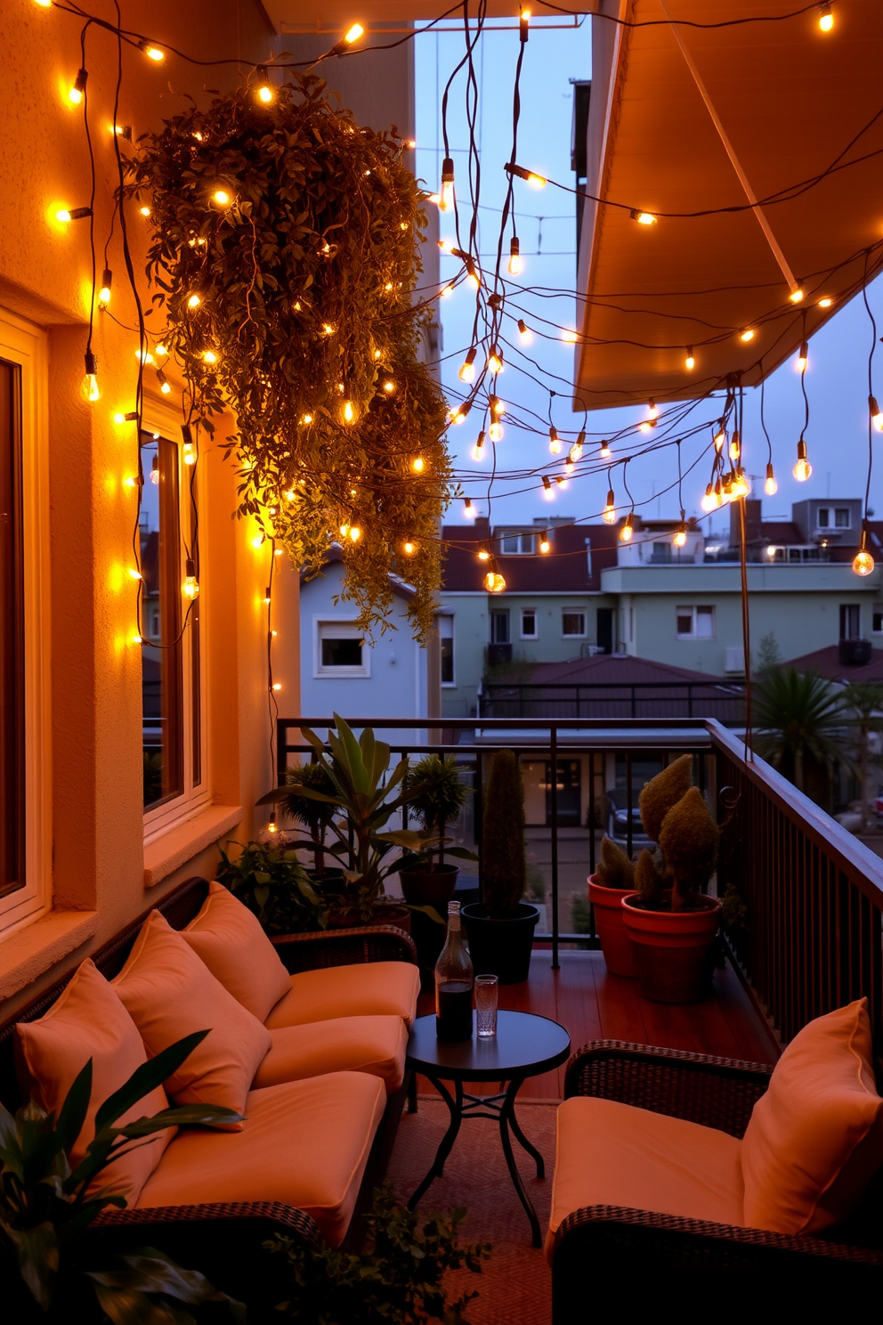 A cozy apartment balcony adorned with string lights creating an ambient evening glow. Comfortable seating with plush cushions is arranged around a small wooden table, inviting relaxation under the twinkling lights.